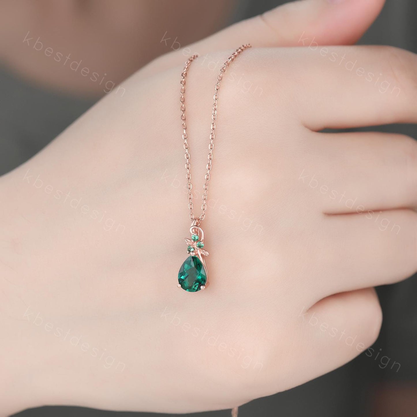 Nature inspired emerald necklace vintage women rose gold necklace unique leaf emerald pendant art deco pear cut pendant bridal promise gift
