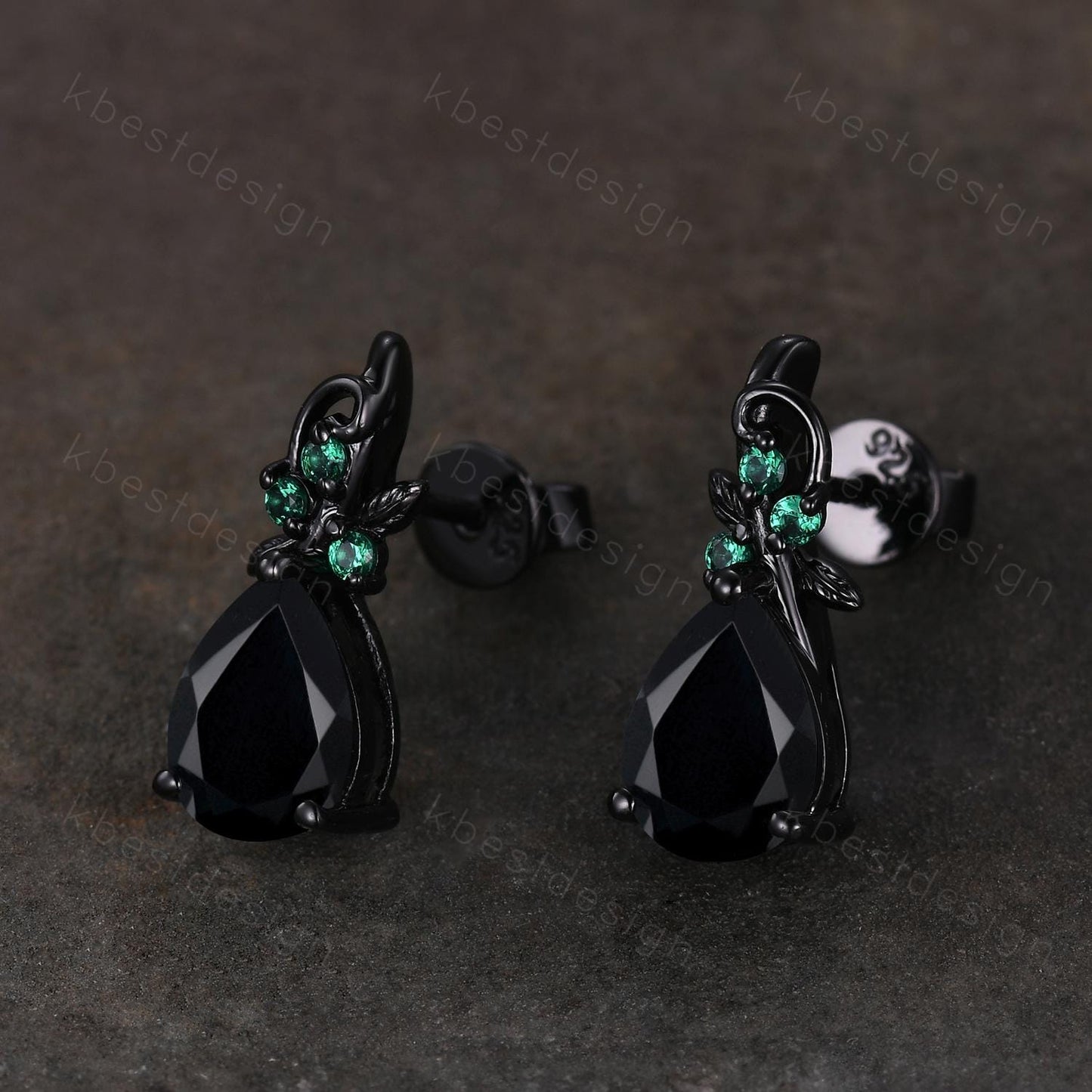 Nature inspired black onyx earrings women black gold earring studs teardrop earrings art deco black onyx studs anniversary gift for her