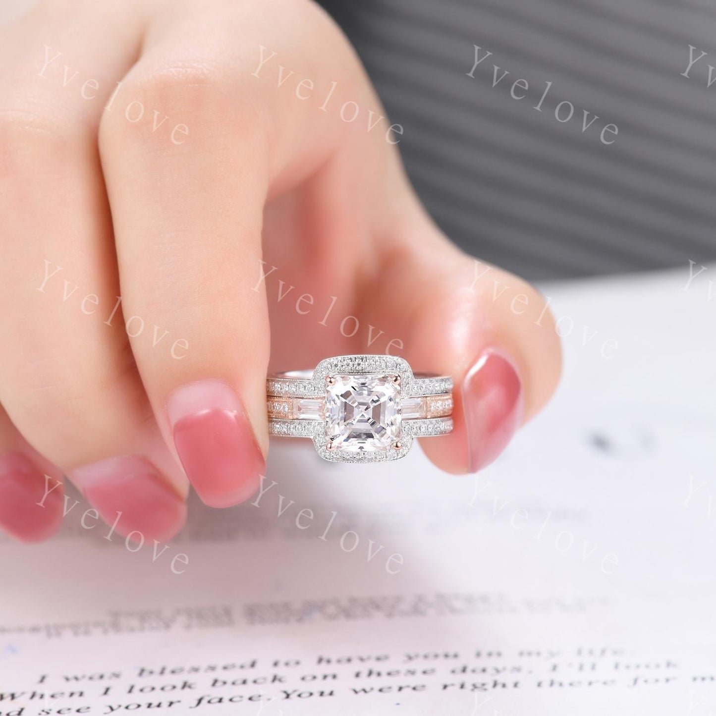 Asscher cut moissanite engagement ring rose gold art deco moissanite wedding band enhancer matching band bridal set anniversary promise ring