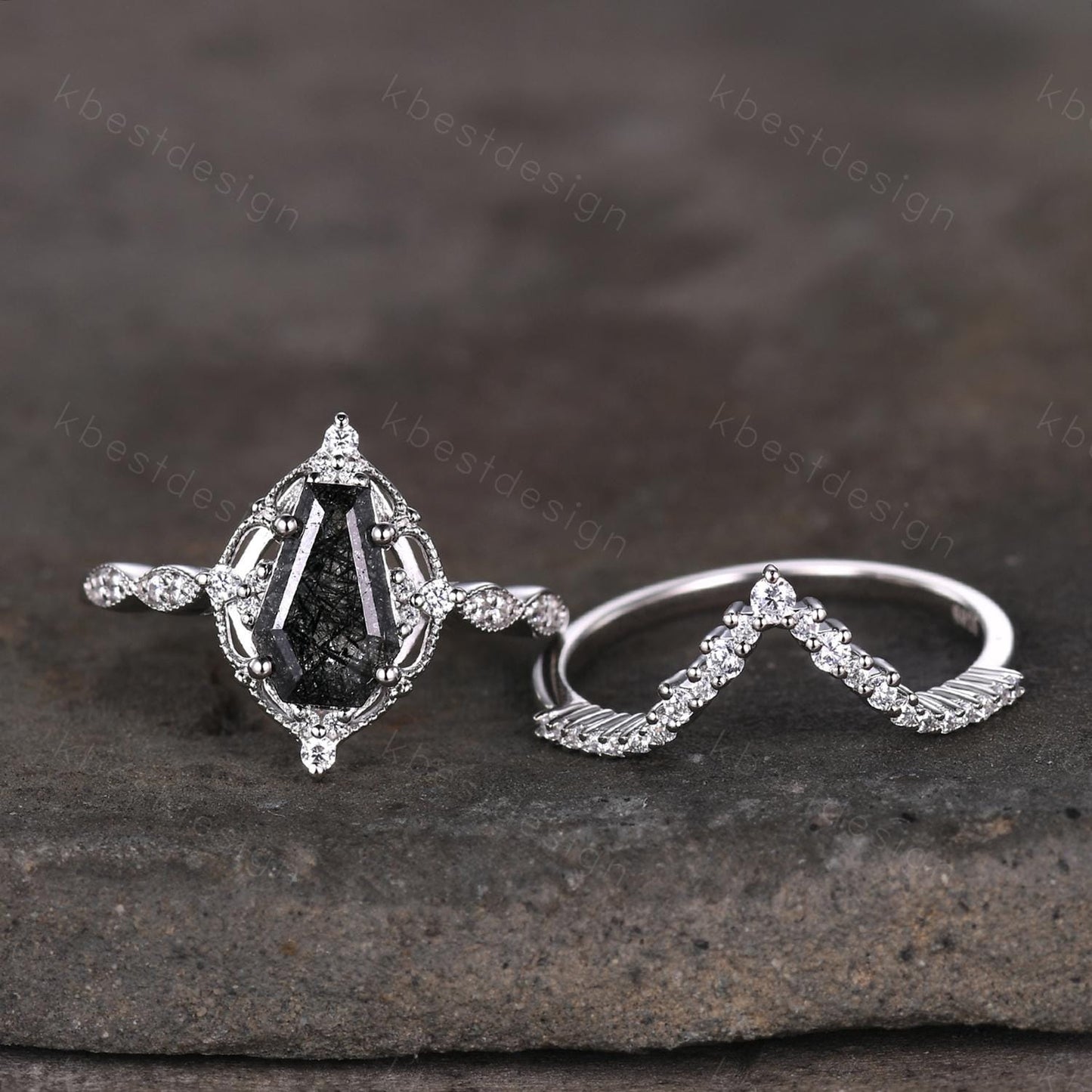 Vintage black rutilated quartz engagement ring silver ring art deco curved stacking band coffin cut bridal set unique moissanite wedding set