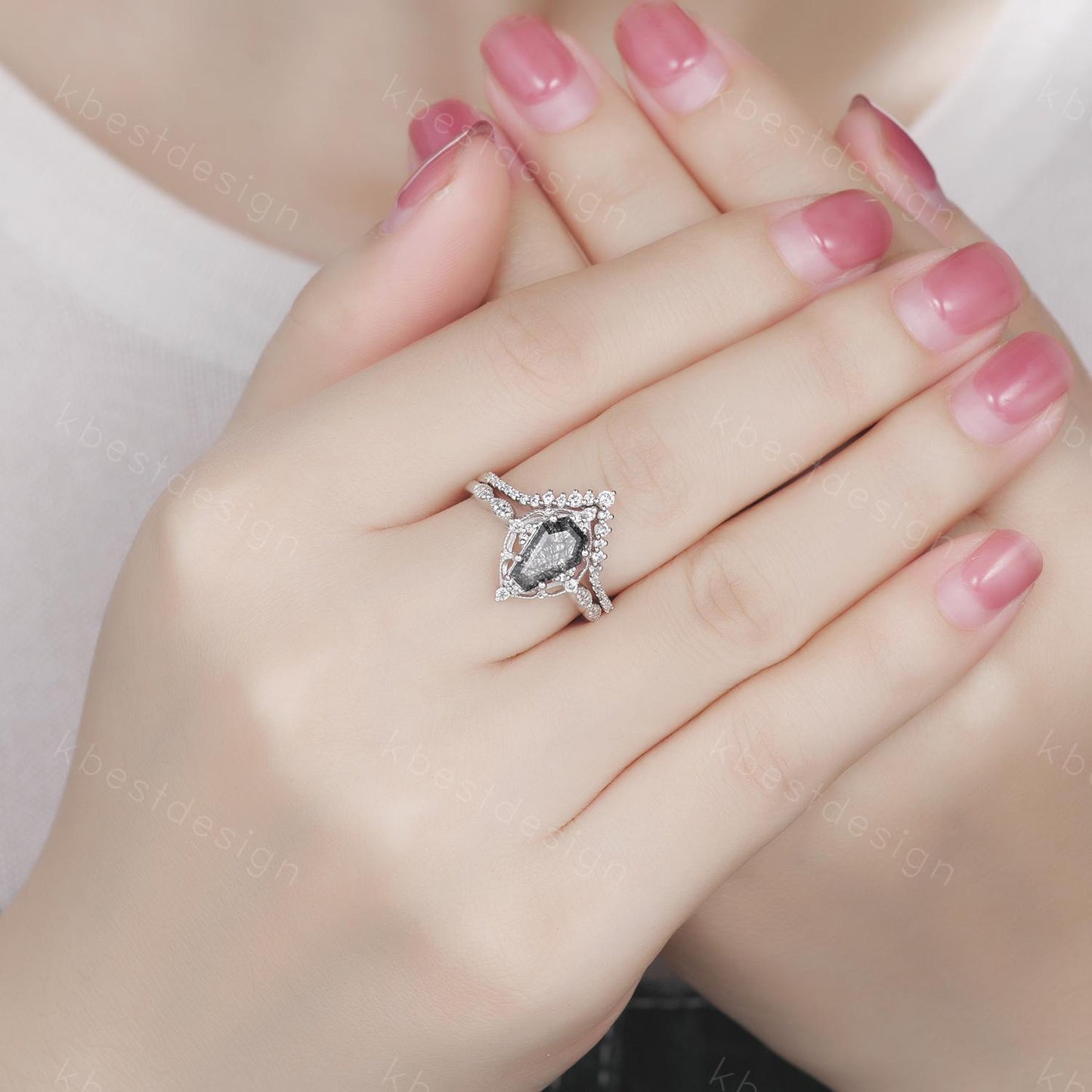 Vintage black rutilated quartz engagement ring silver ring art deco curved stacking band coffin cut bridal set unique moissanite wedding set