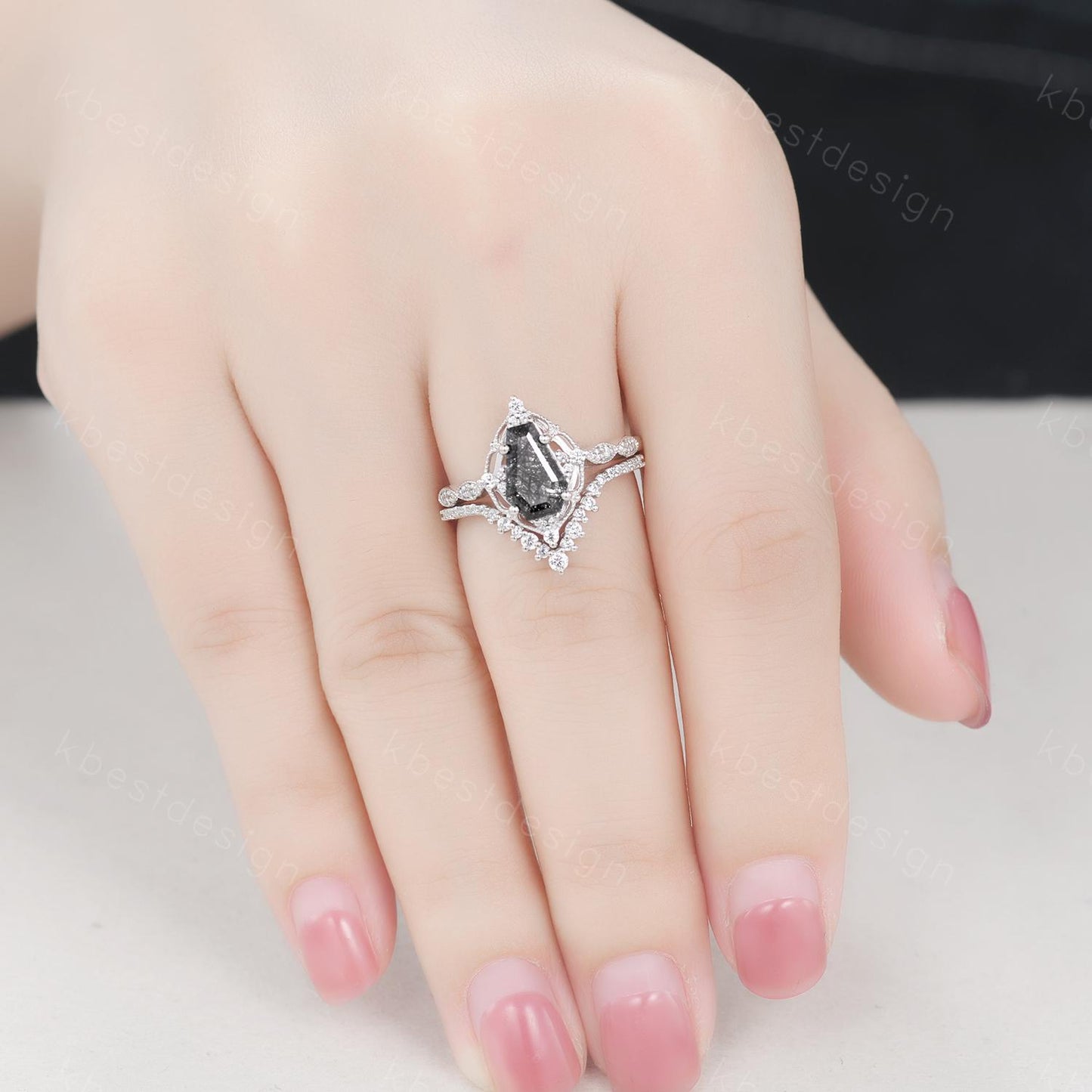 Vintage black rutilated quartz engagement ring silver ring art deco curved stacking band coffin cut bridal set unique moissanite wedding set
