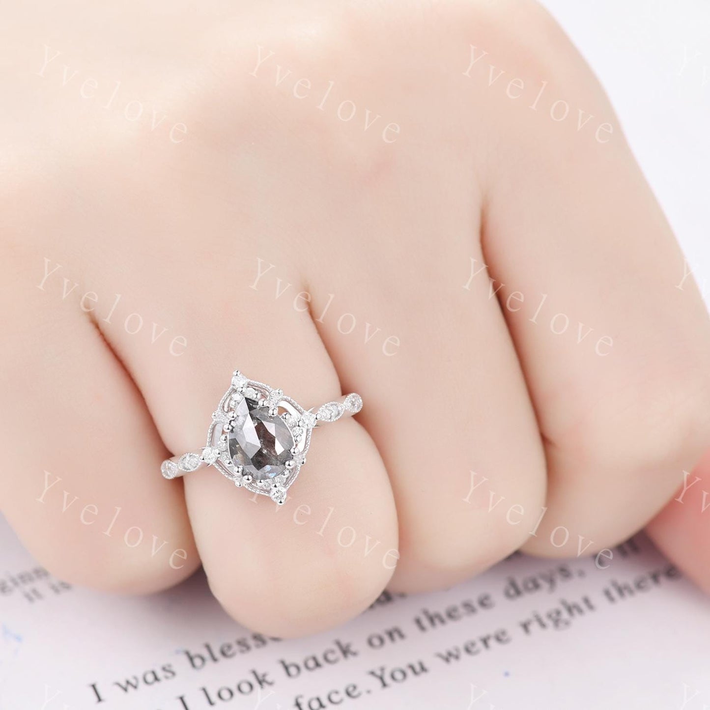 Vintage Salt and Pepper Diamond Engagement Ring,Teardrop Diamond Ring Set,14K White Ring,Unique Women Promise Ring For Her,Handmade Gift