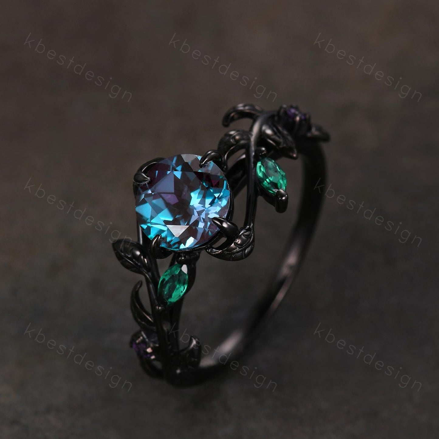 Vintage round cut alexandrite engagement ring gothic black gold art deco emerald leaf ring nature inspired bridal promise ring for her