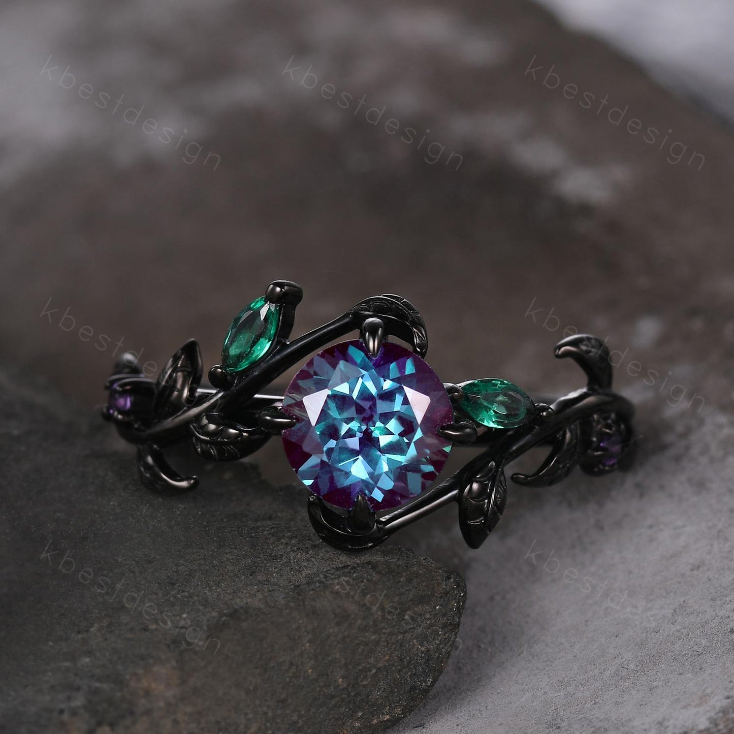 Vintage round cut alexandrite engagement ring gothic black gold art deco emerald leaf ring nature inspired bridal promise ring for her