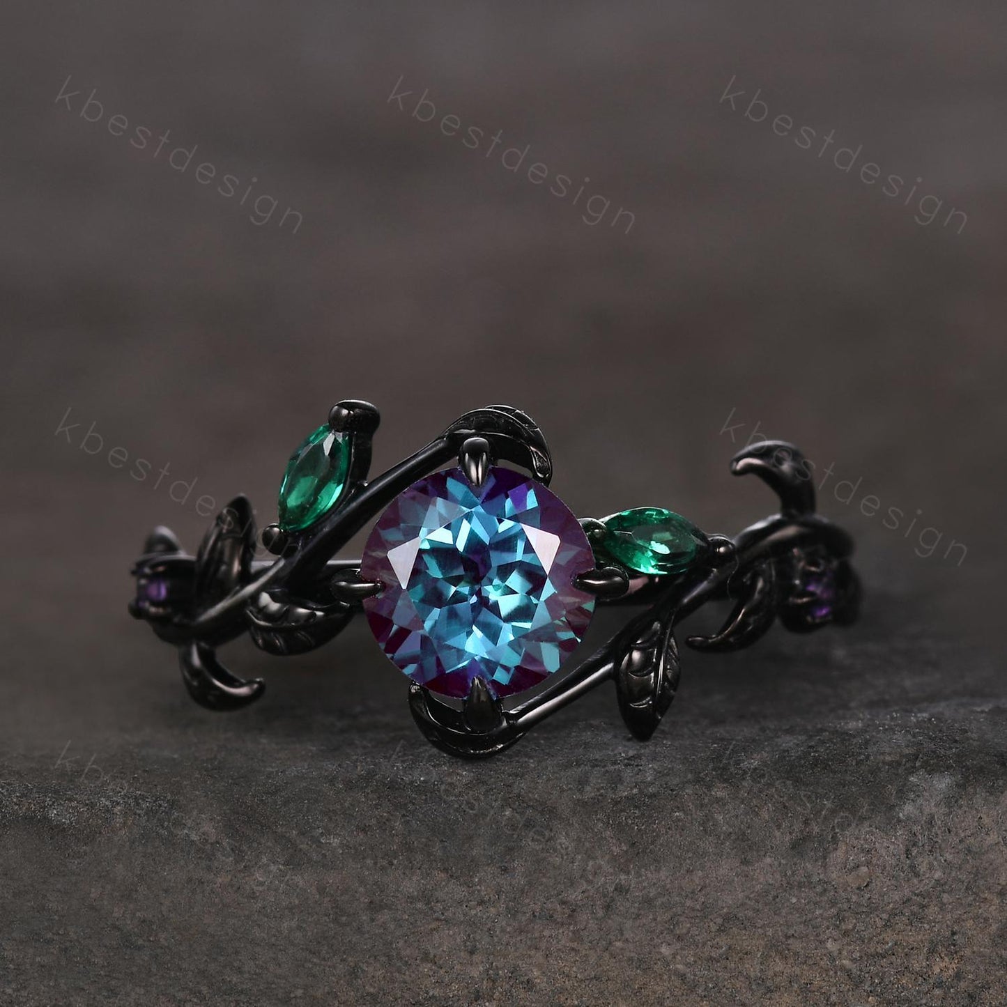 Vintage round cut alexandrite engagement ring gothic black gold art deco emerald leaf ring nature inspired bridal promise ring for her