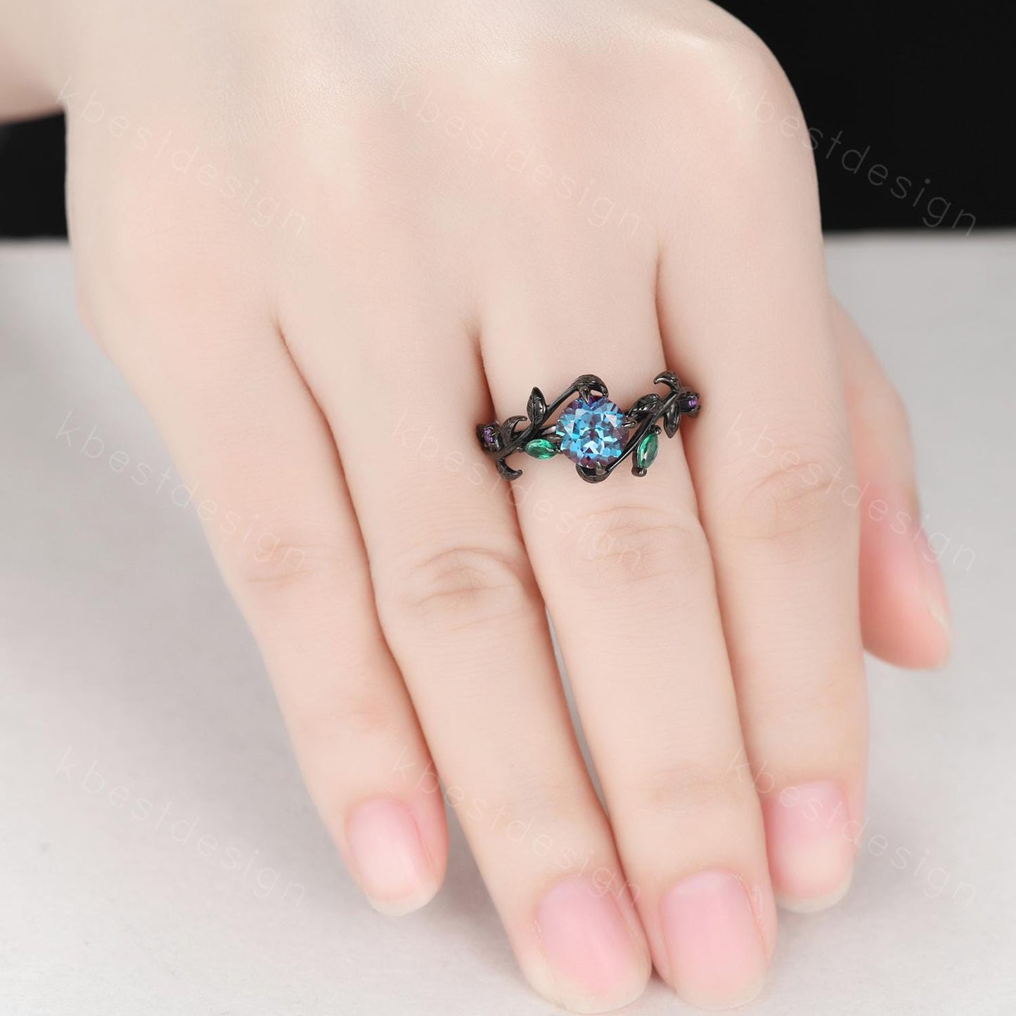 Vintage round cut alexandrite engagement ring gothic black gold art deco emerald leaf ring nature inspired bridal promise ring for her