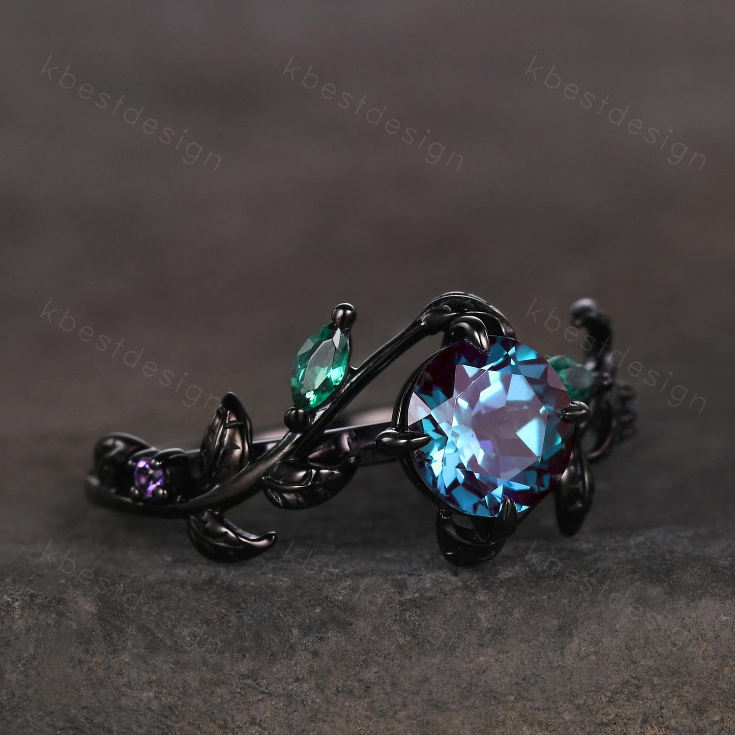 Vintage round cut alexandrite engagement ring gothic black gold art deco emerald leaf ring nature inspired bridal promise ring for her
