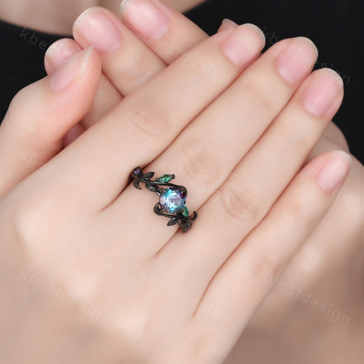 Vintage round cut alexandrite engagement ring gothic black gold art deco emerald leaf ring nature inspired bridal promise ring for her