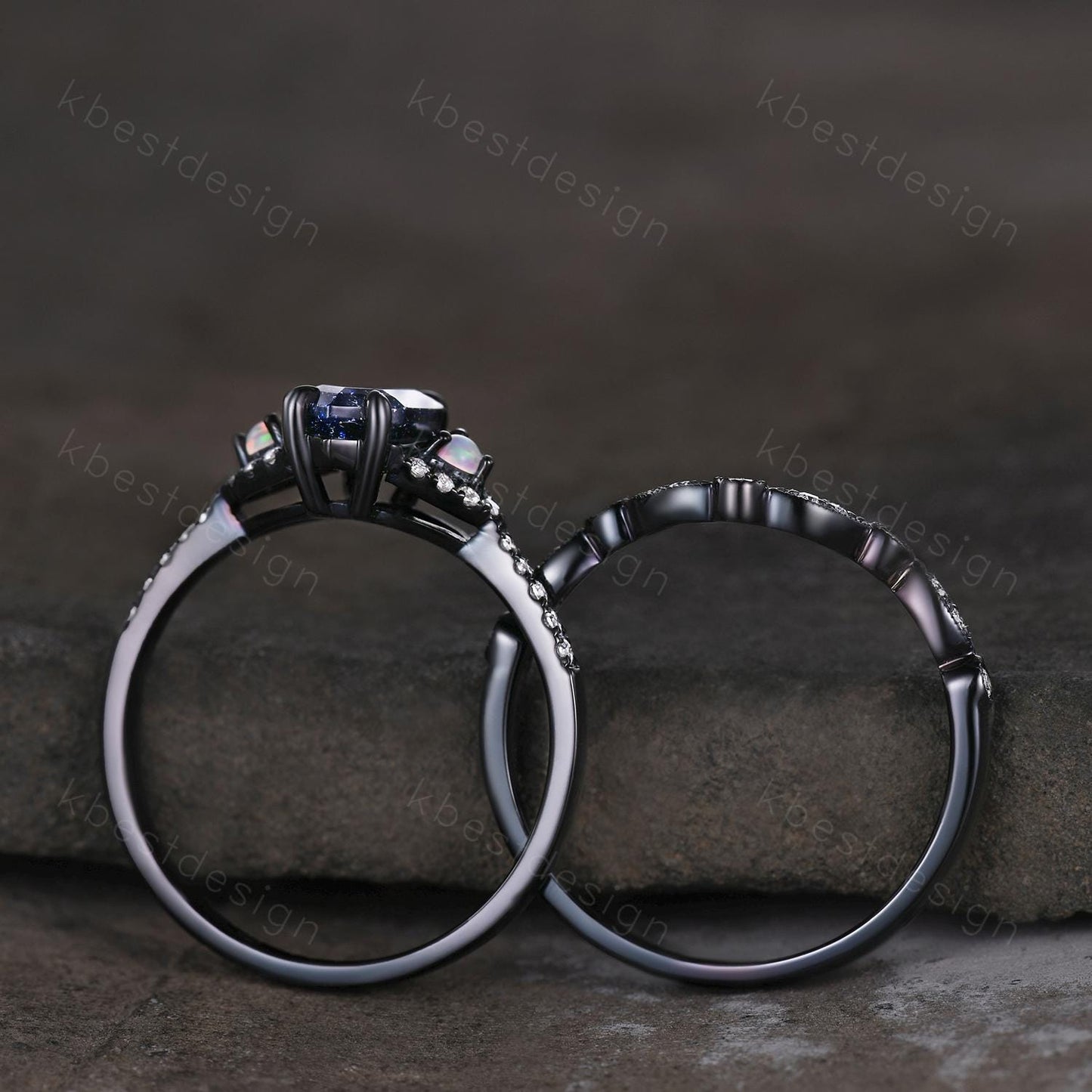 Vintage Blue Sandstone Engagement Ring set Black Gold Hexagon cut Bridal set Art deco curved band moissanite promise wedding ring set