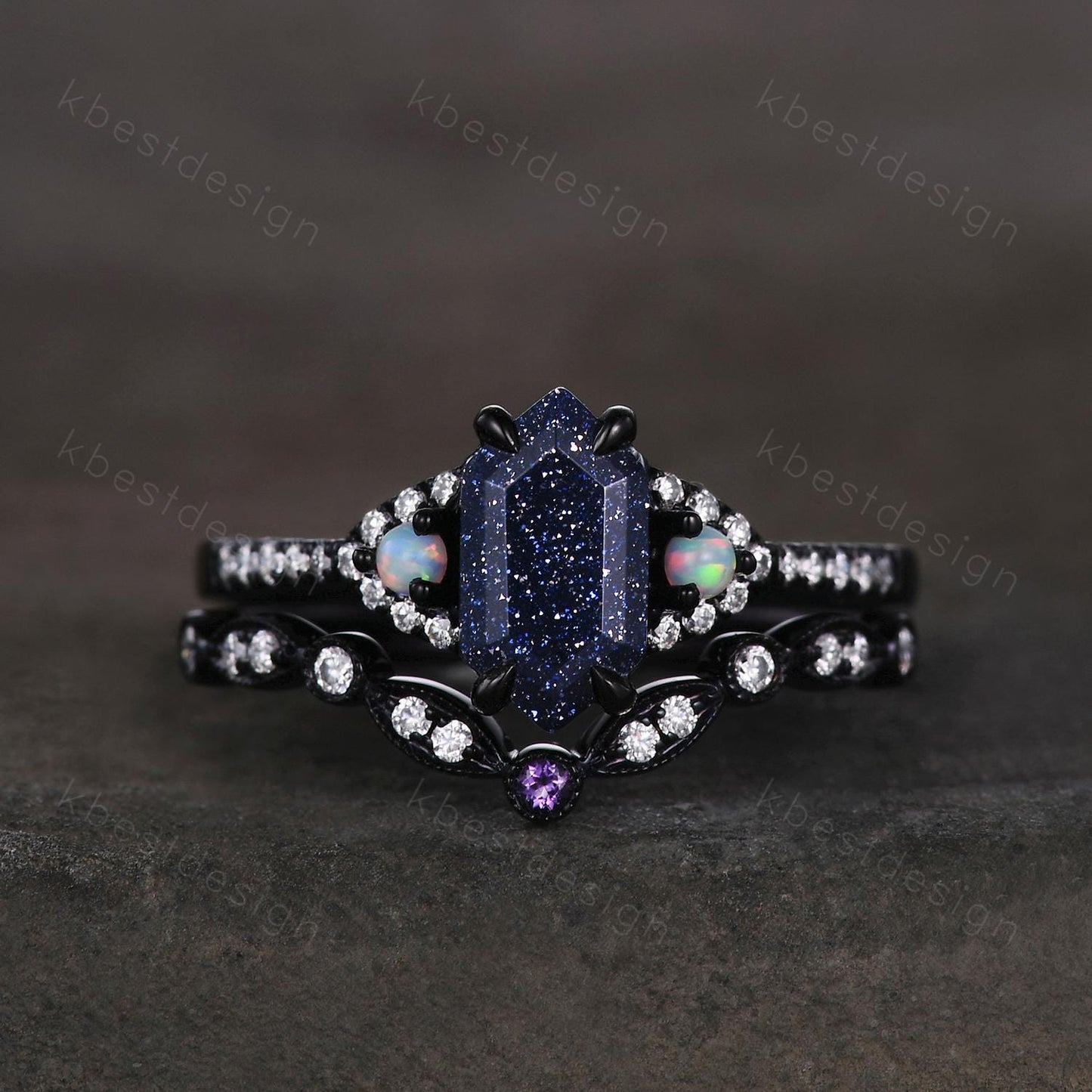 Vintage Blue Sandstone Engagement Ring set Black Gold Hexagon cut Bridal set Art deco curved band moissanite promise wedding ring set