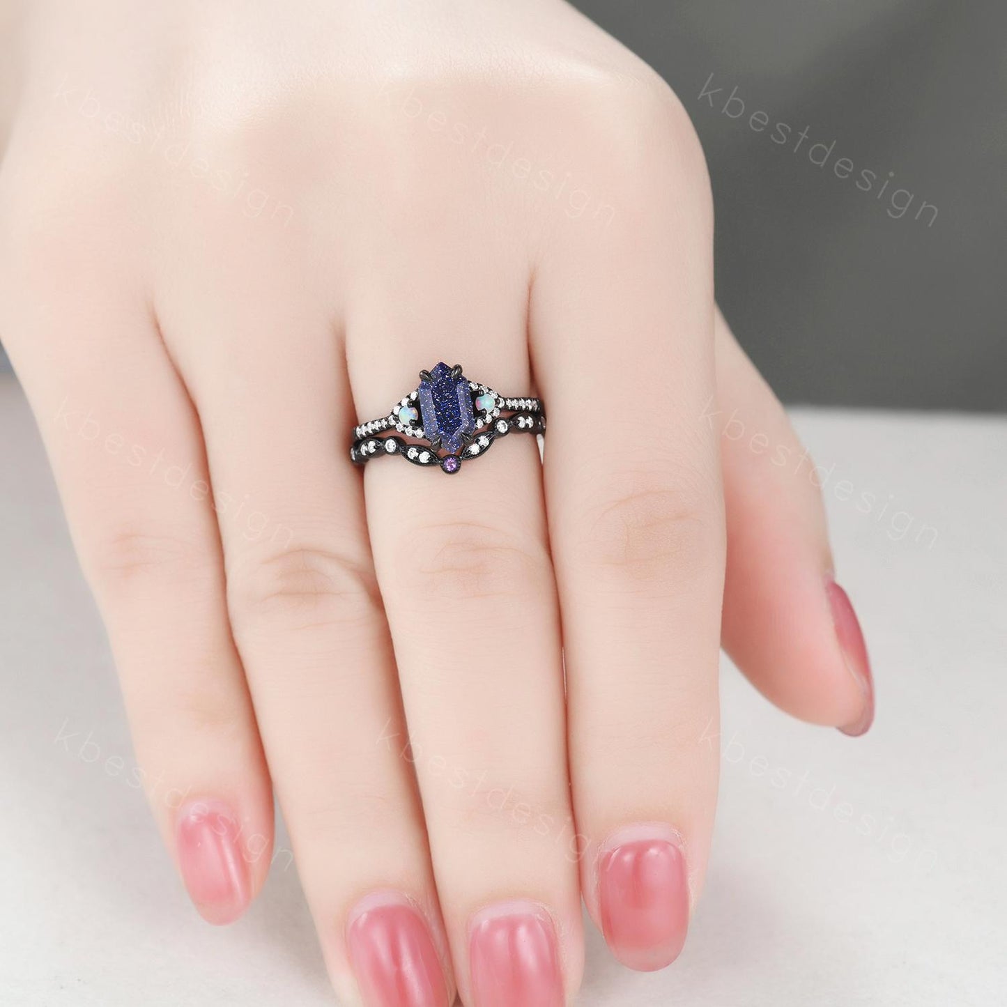 Vintage Blue Sandstone Engagement Ring set Black Gold Hexagon cut Bridal set Art deco curved band moissanite promise wedding ring set