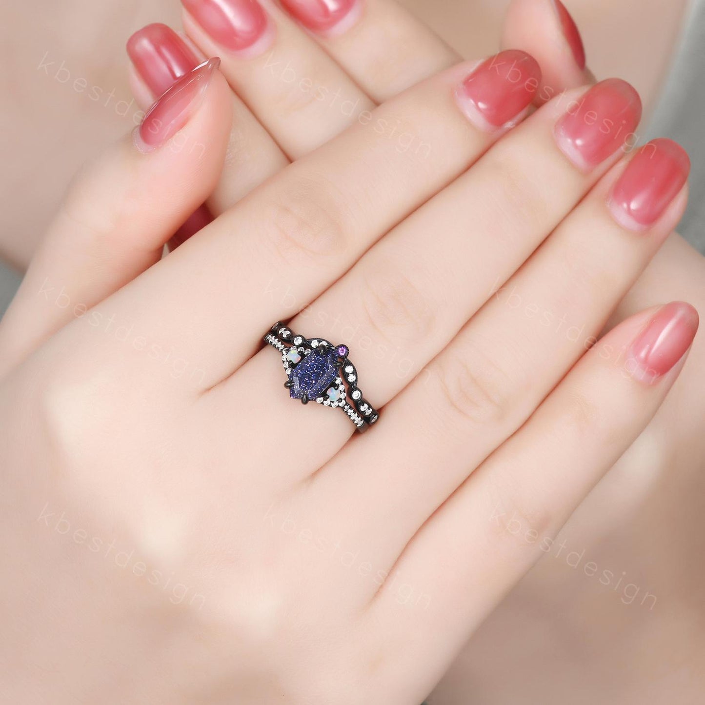 Vintage Blue Sandstone Engagement Ring set Black Gold Hexagon cut Bridal set Art deco curved band moissanite promise wedding ring set