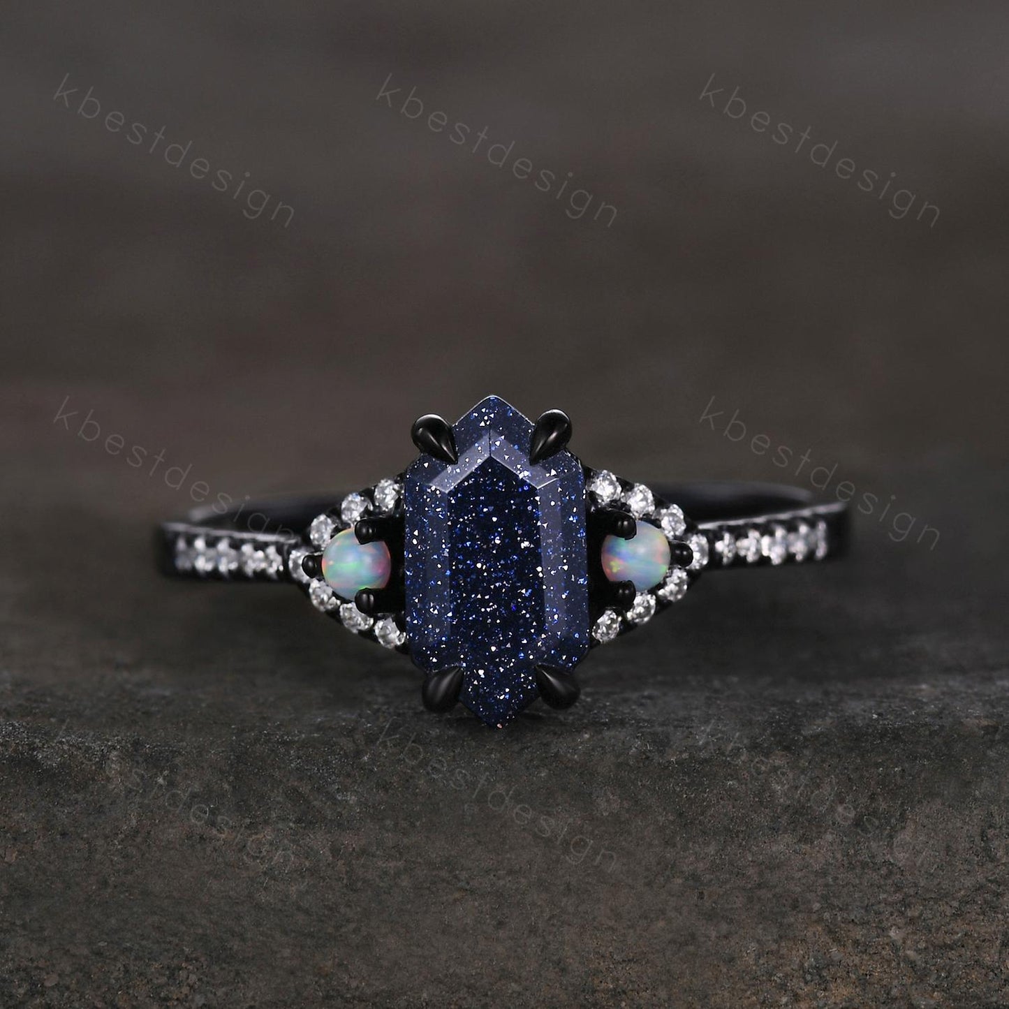 Vintage Blue Sandstone Engagement Ring set Black Gold Hexagon cut Bridal set Art deco curved band moissanite promise wedding ring set