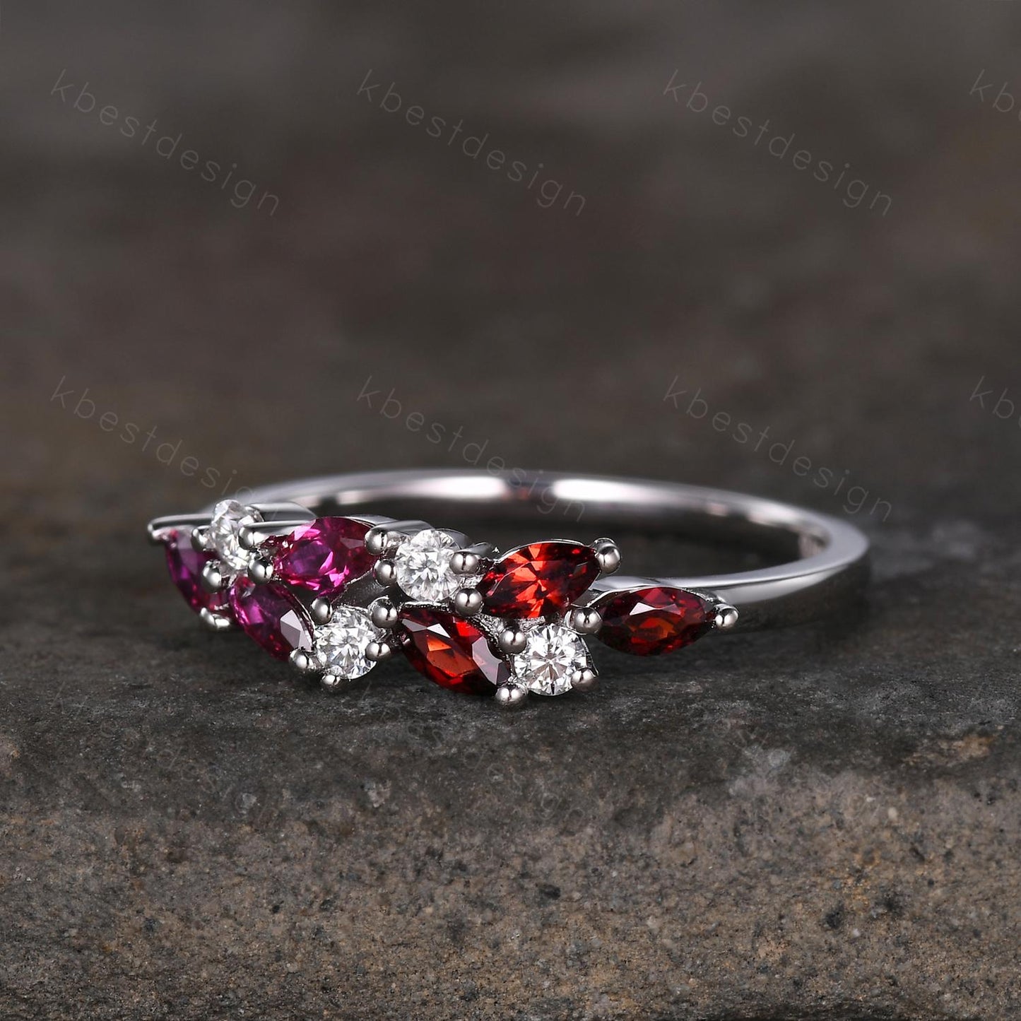 Ruby Garnet cluster wedding band Unique marquise cut ruby wedding band Vintage Moissanite ring family gemstone ring Anniversary gift for her