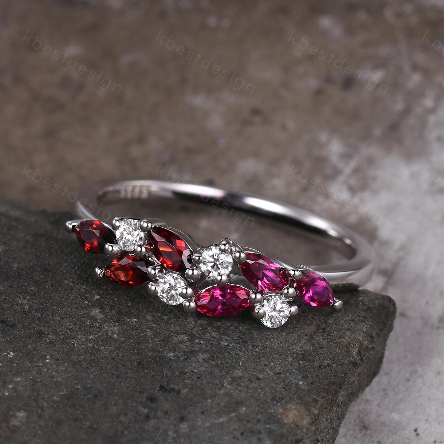 Ruby Garnet cluster wedding band Unique marquise cut ruby wedding band Vintage Moissanite ring family gemstone ring Anniversary gift for her