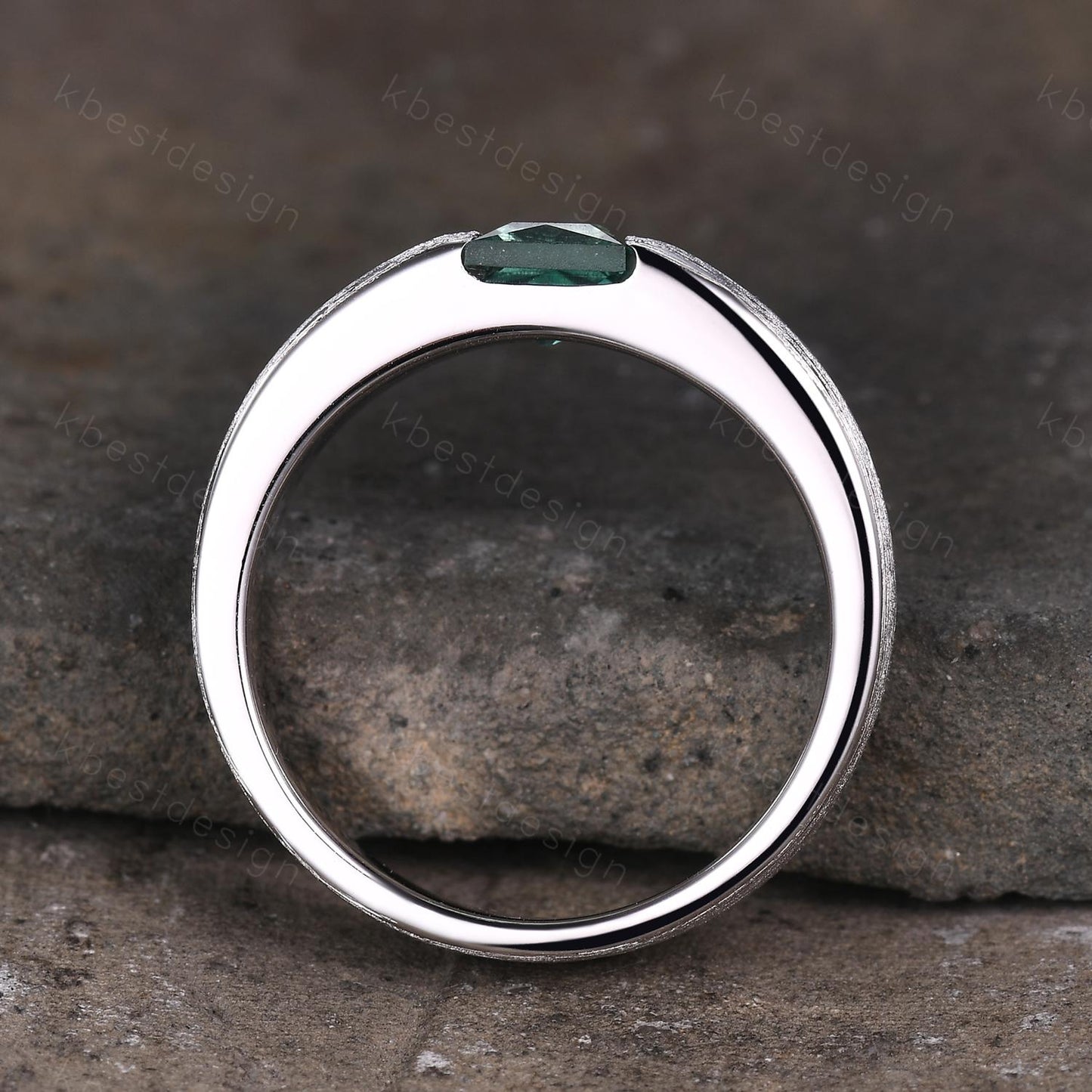 Mens Green Sapphire Wedding Band, 5mm Princess Cut Teal Sapphire Mens Wedding Band, White Gold Brush Finished Wedding Ring, His Wedding Band