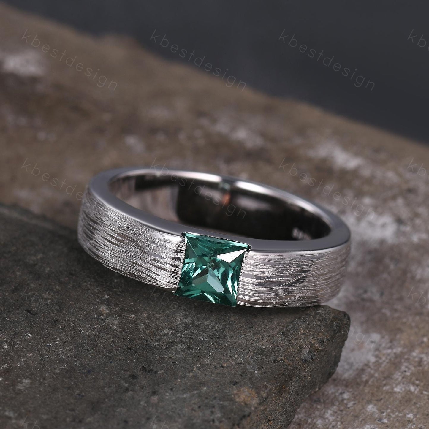 Mens Green Sapphire Wedding Band, 5mm Princess Cut Teal Sapphire Mens Wedding Band, White Gold Brush Finished Wedding Ring, His Wedding Band