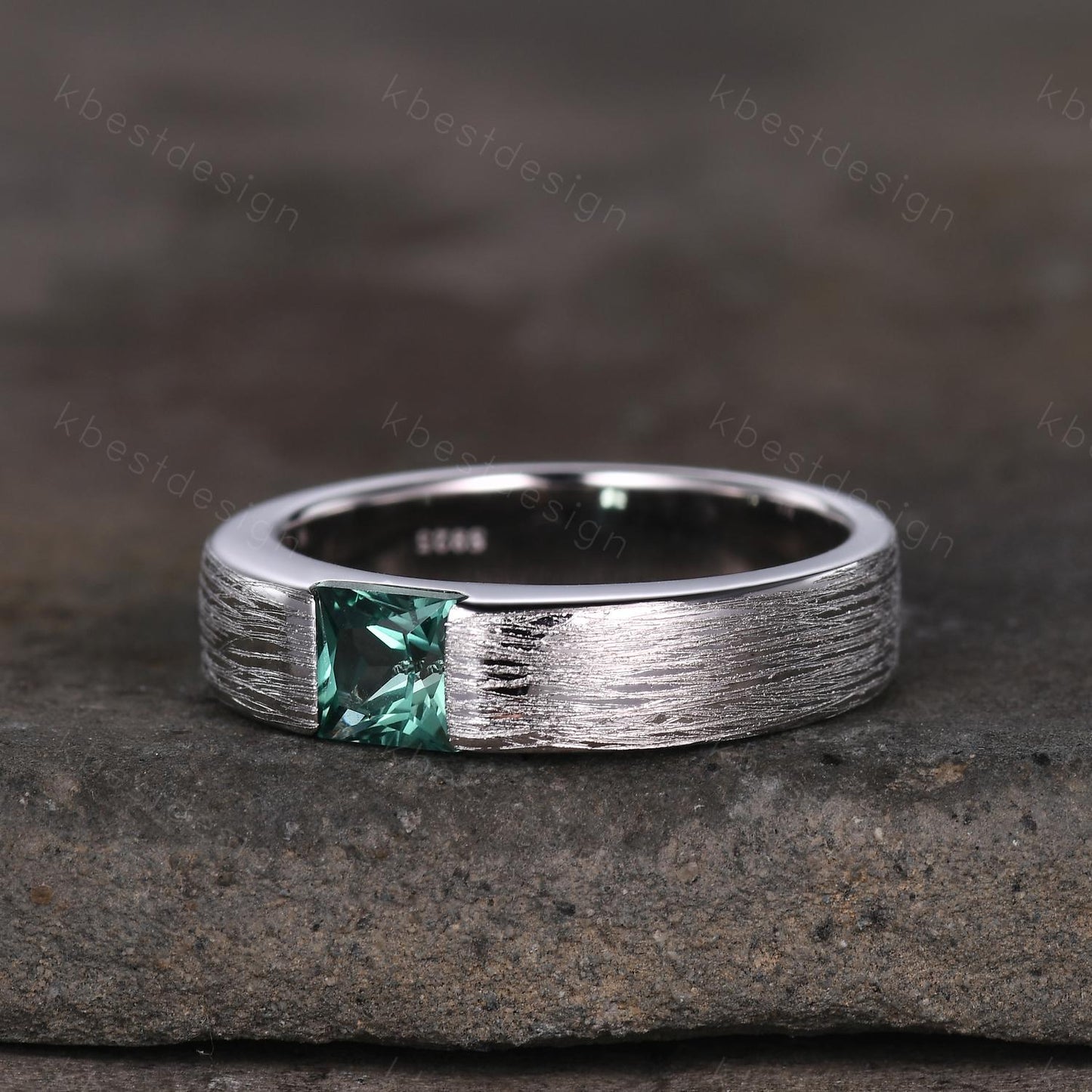 Mens Green Sapphire Wedding Band, 5mm Princess Cut Teal Sapphire Mens Wedding Band, White Gold Brush Finished Wedding Ring, His Wedding Band