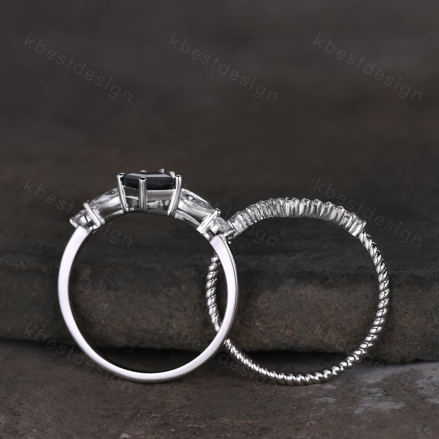 Kite cut salt and pepper diamond engagement ring set unique art deco moissanite wedding ring 14k gold ring vintage bridal wedding ring set