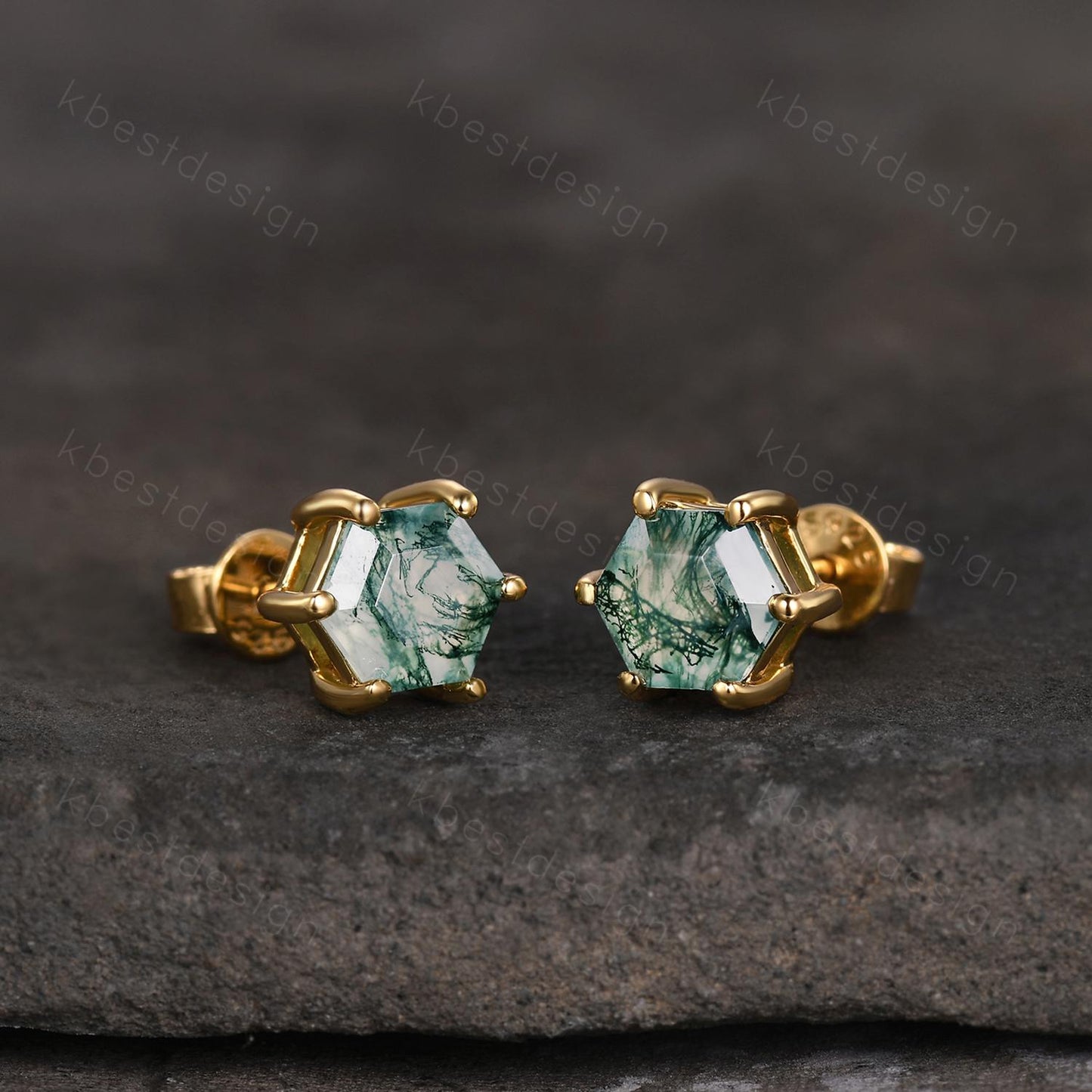 Natural moss agate stud earrings, yellow gold studs, hexagon cut moss agate earring studs, best friend gift, anniversary gift for her