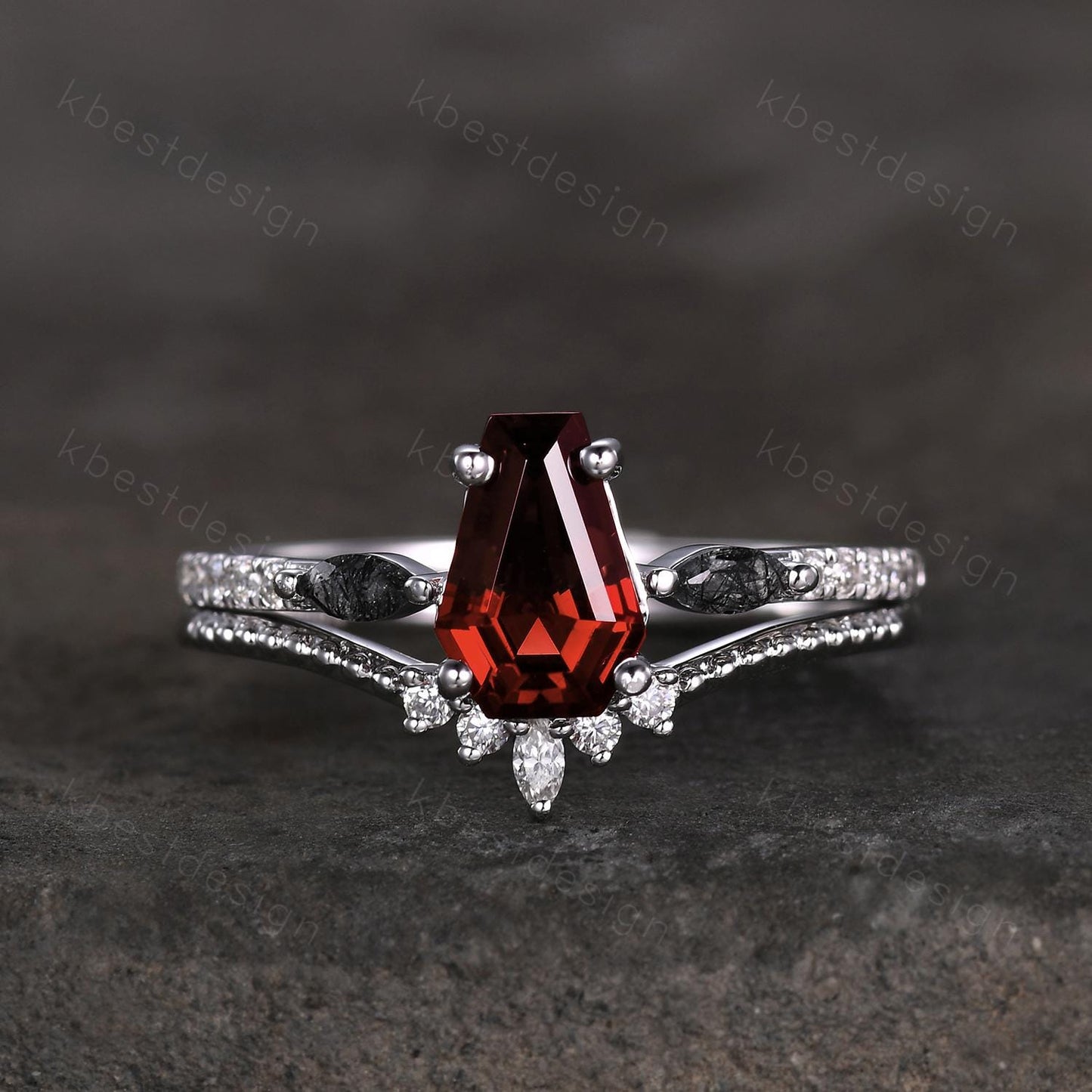 Coffin shaped garnet engagement ring set unique art deco Moissanite wedding ring silver stacking ring vintage bridal wedding ring set