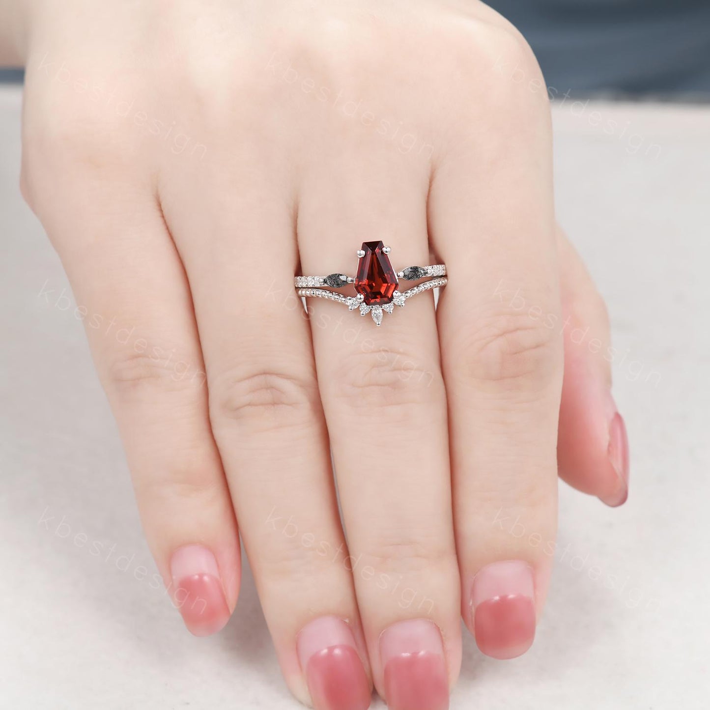 Coffin shaped garnet engagement ring set unique art deco Moissanite wedding ring silver stacking ring vintage bridal wedding ring set