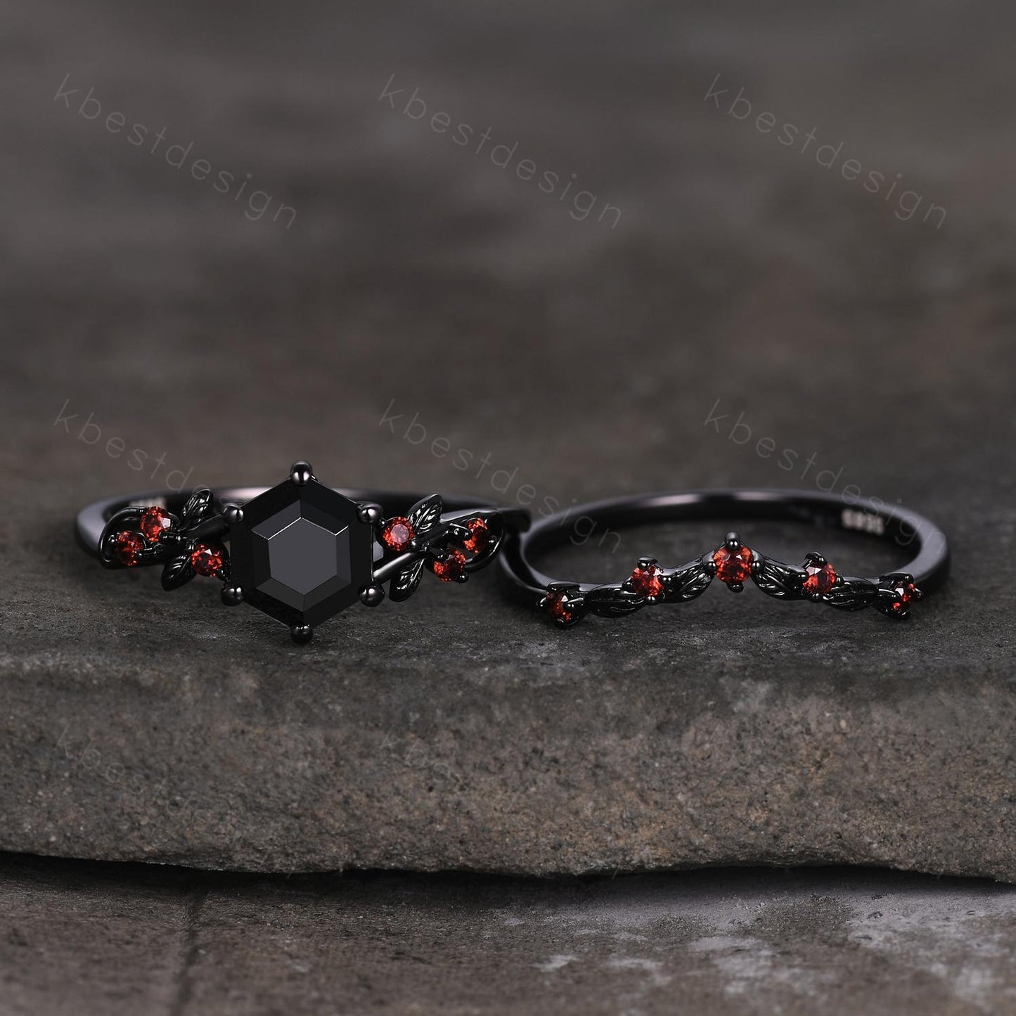 Gothic Hexagon cut Black Onyx Engagement Ring Art Deco Branch Design Leaf Garnet Wedding Ring Black Gold Ring Unique Bridal Ring Set