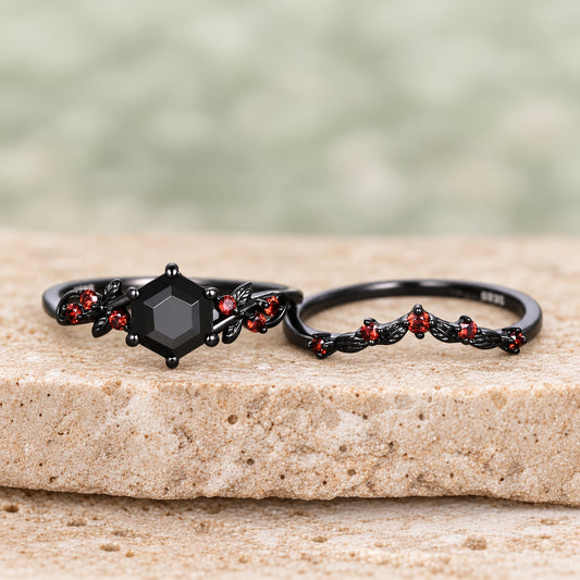 Gothic Hexagon cut Black Onyx Engagement Ring Art Deco Branch Design Leaf Garnet Wedding Ring Black Gold Ring Unique Bridal Ring Set