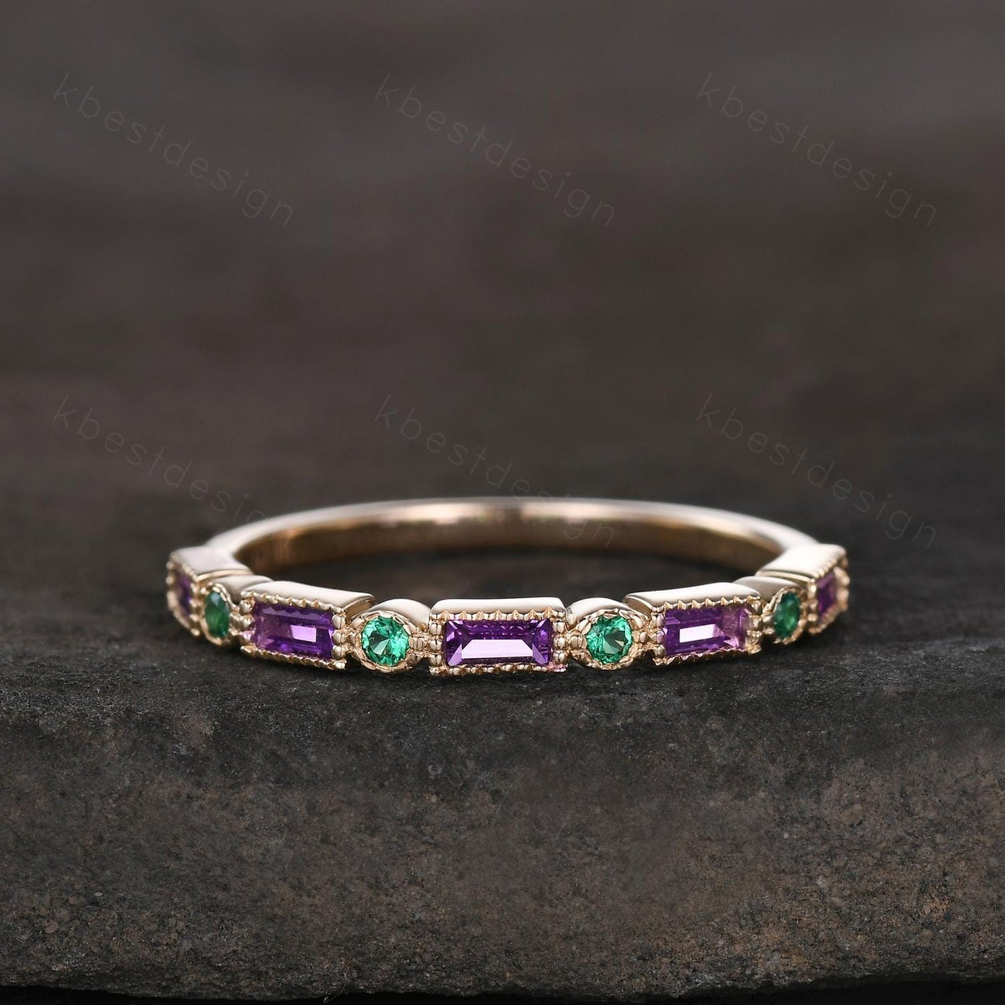 Art Deco Amethyst Emerald wedding band solid 14k Yellow gold wedding band vintage baguette Stacking ring women birthstone Anniversary band