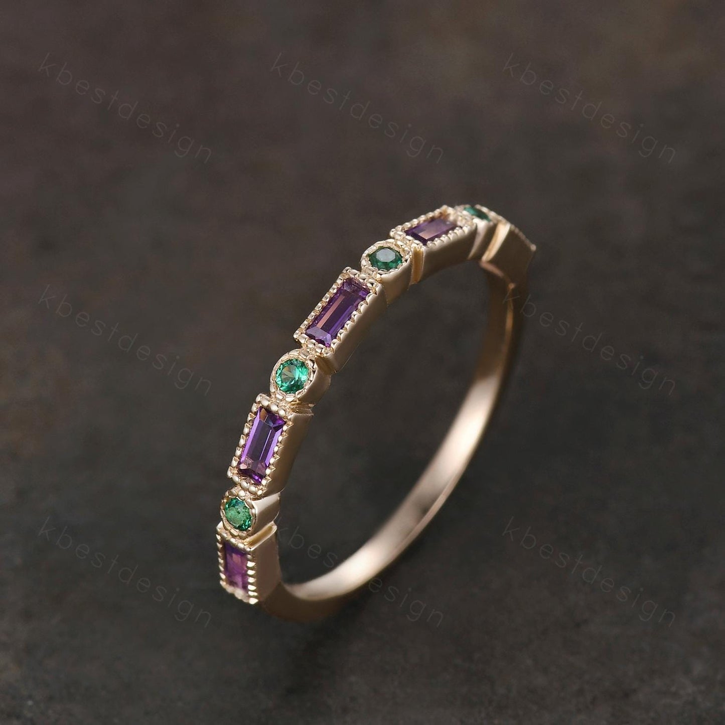 Art Deco Amethyst Emerald wedding band solid 14k Yellow gold wedding band vintage baguette Stacking ring women birthstone Anniversary band