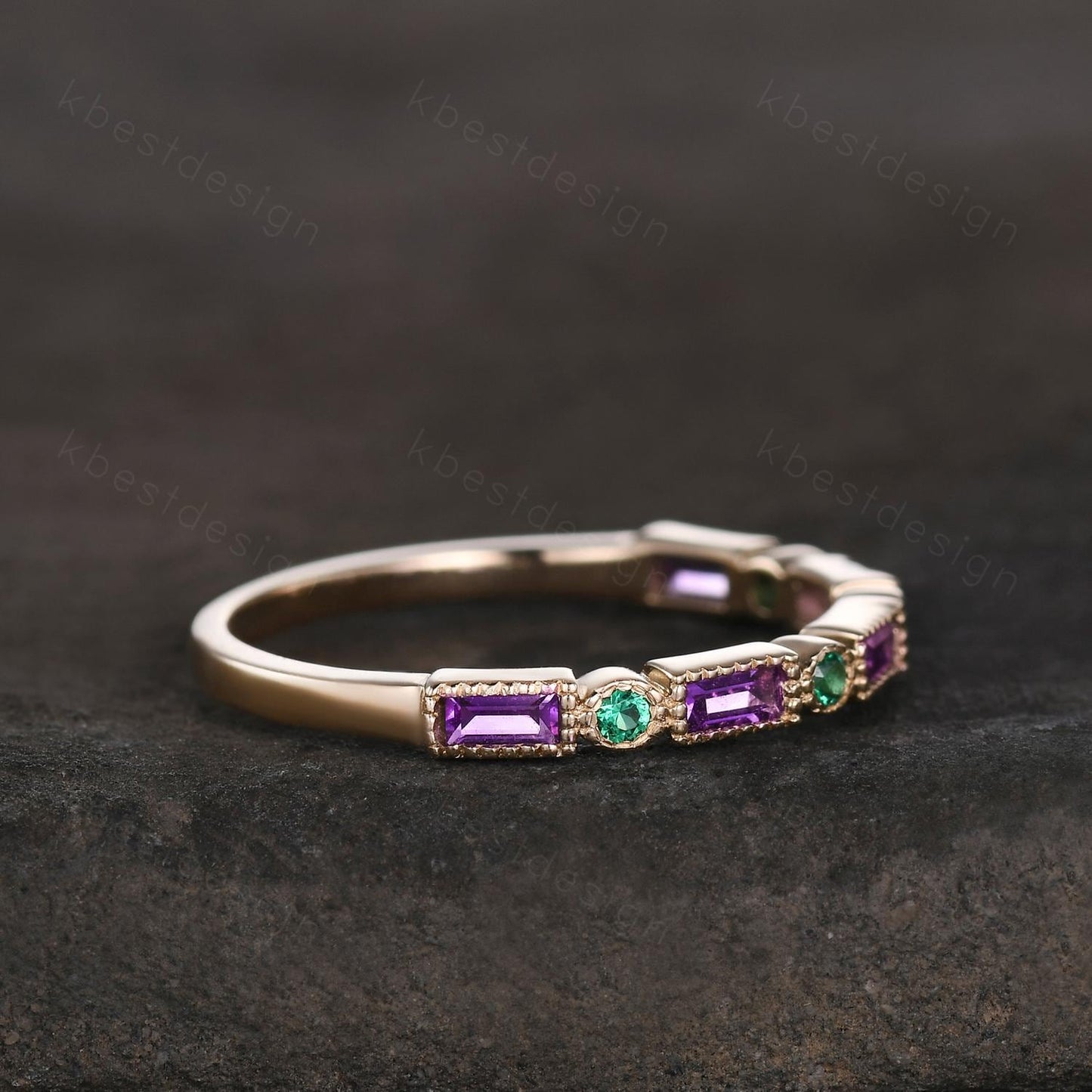 Art Deco Amethyst Emerald wedding band solid 14k Yellow gold wedding band vintage baguette Stacking ring women birthstone Anniversary band