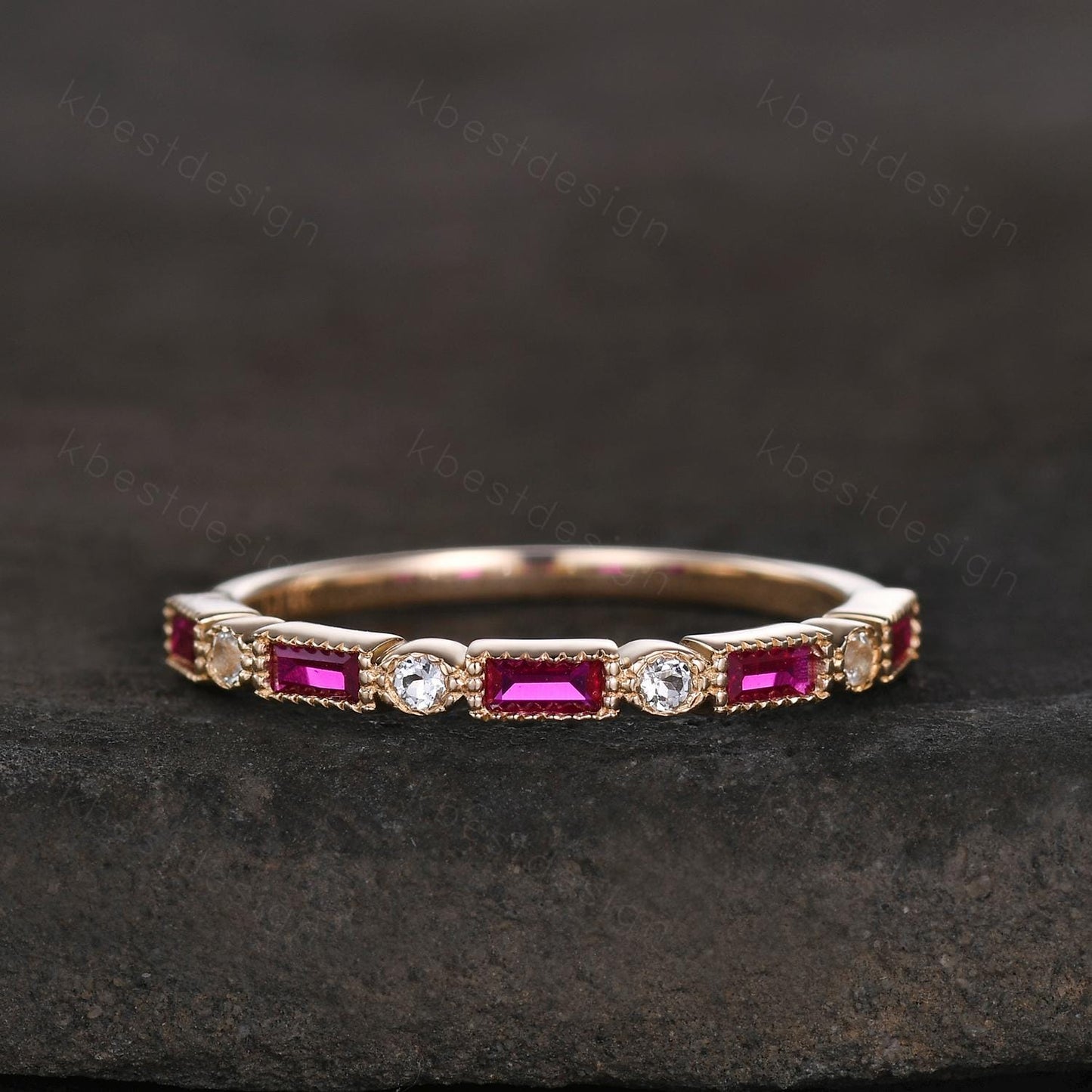 Baguette cut ruby aquamarine wedding band solid 14k gold wedding band vintage art deco Stacking ring women July birthstone Anniversary band