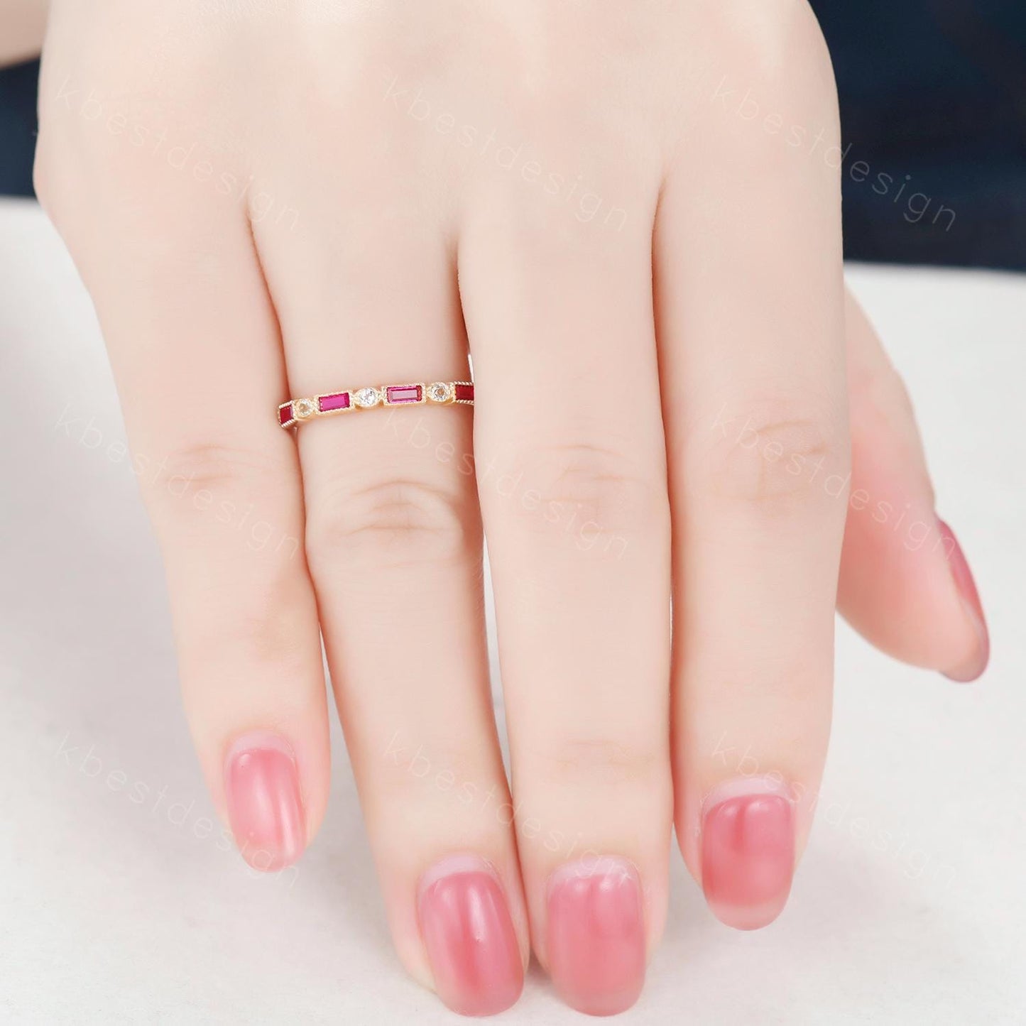 Baguette cut ruby aquamarine wedding band solid 14k gold wedding band vintage art deco Stacking ring women July birthstone Anniversary band