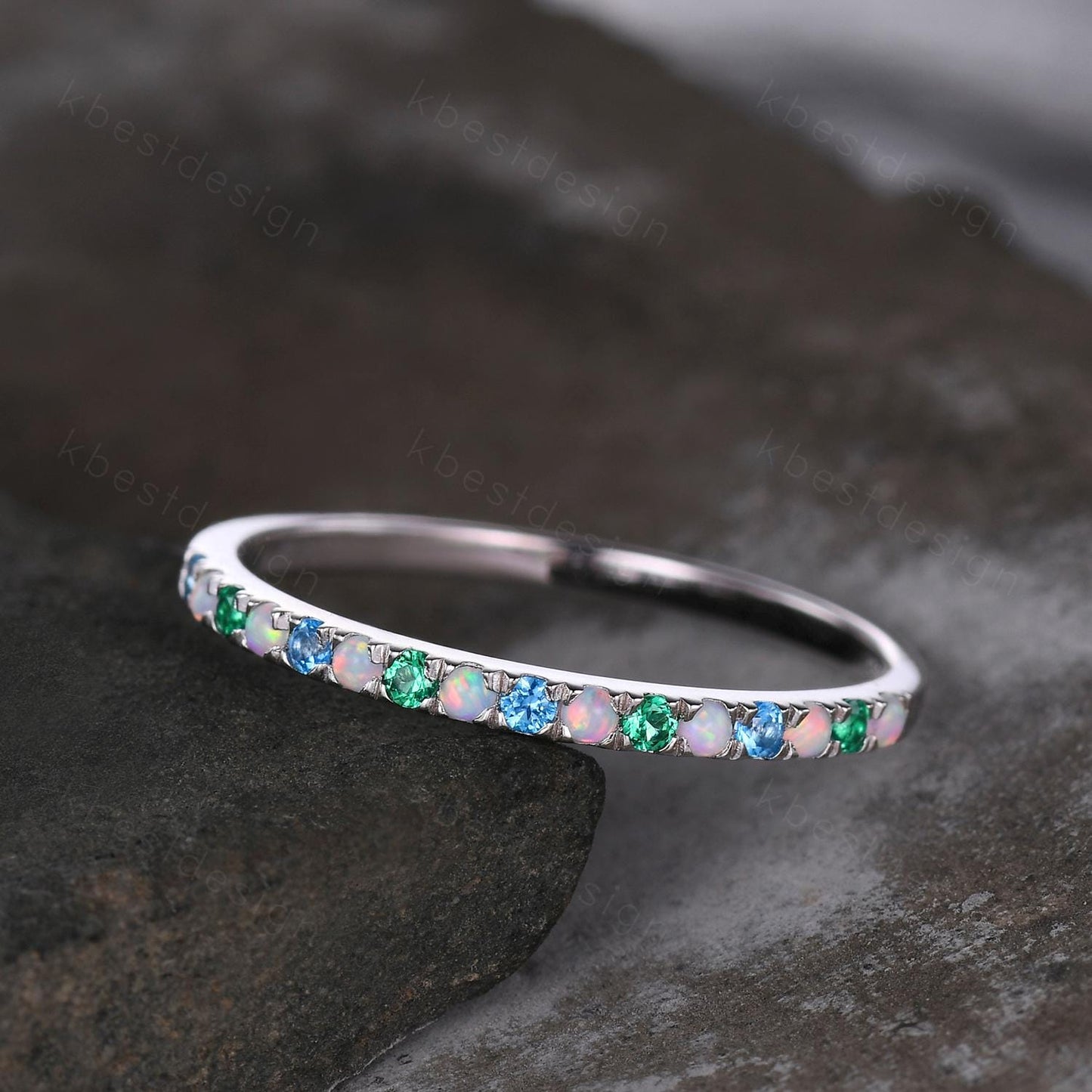 1.5mm Multi gemstone Wedding Band Half eternity blue topaz/opal/emerald wedding band for Women Minimalist Bridal Matching Stackable band