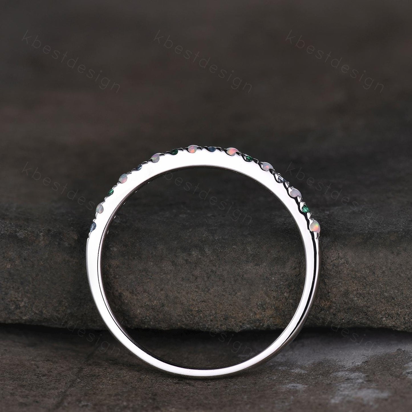 1.5mm Multi gemstone Wedding Band Half eternity blue topaz/opal/emerald wedding band for Women Minimalist Bridal Matching Stackable band
