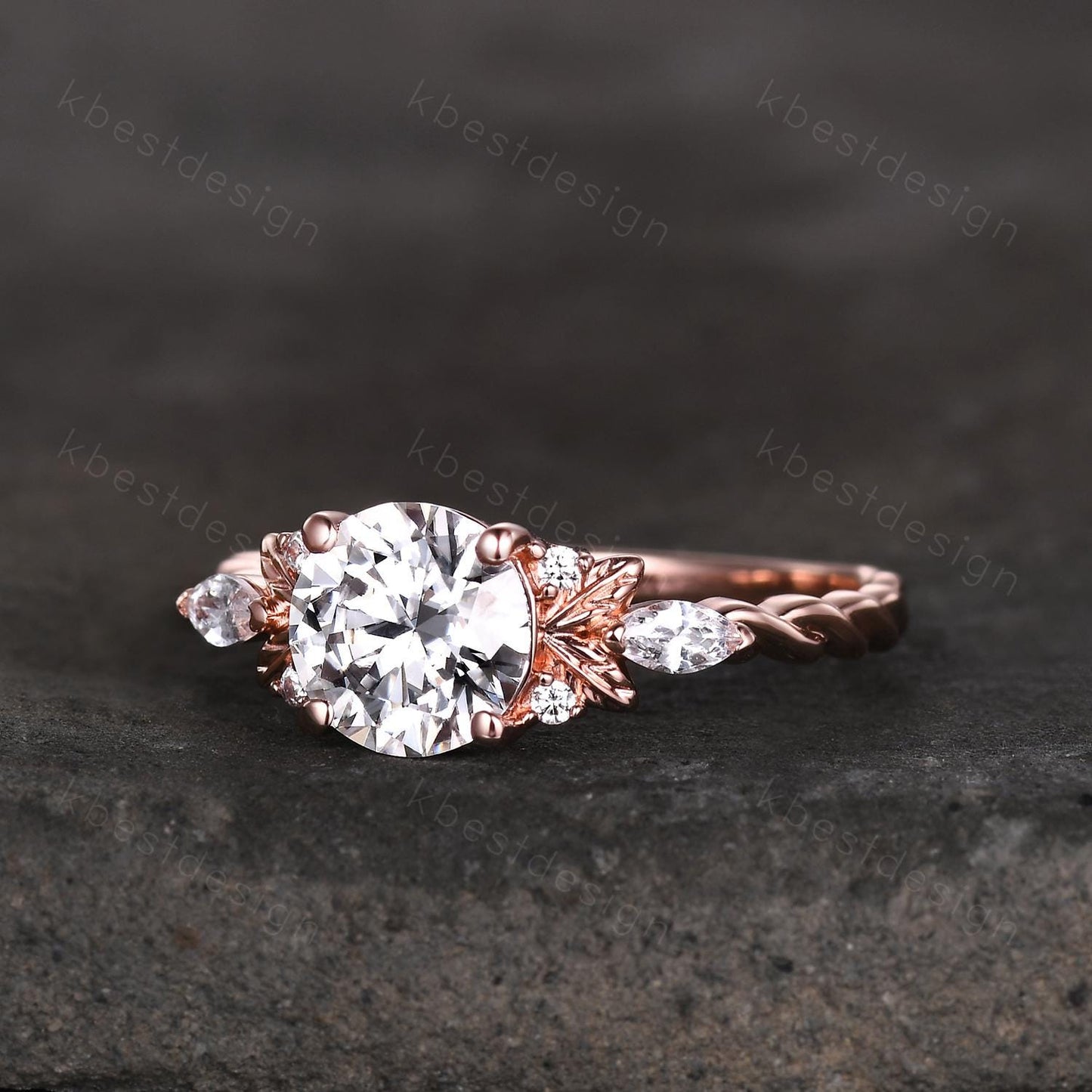 Vintage round Moissanite engagement ring nature inspired ring rose gold branch leaf ring Unique twisted band Bridal Promise ring