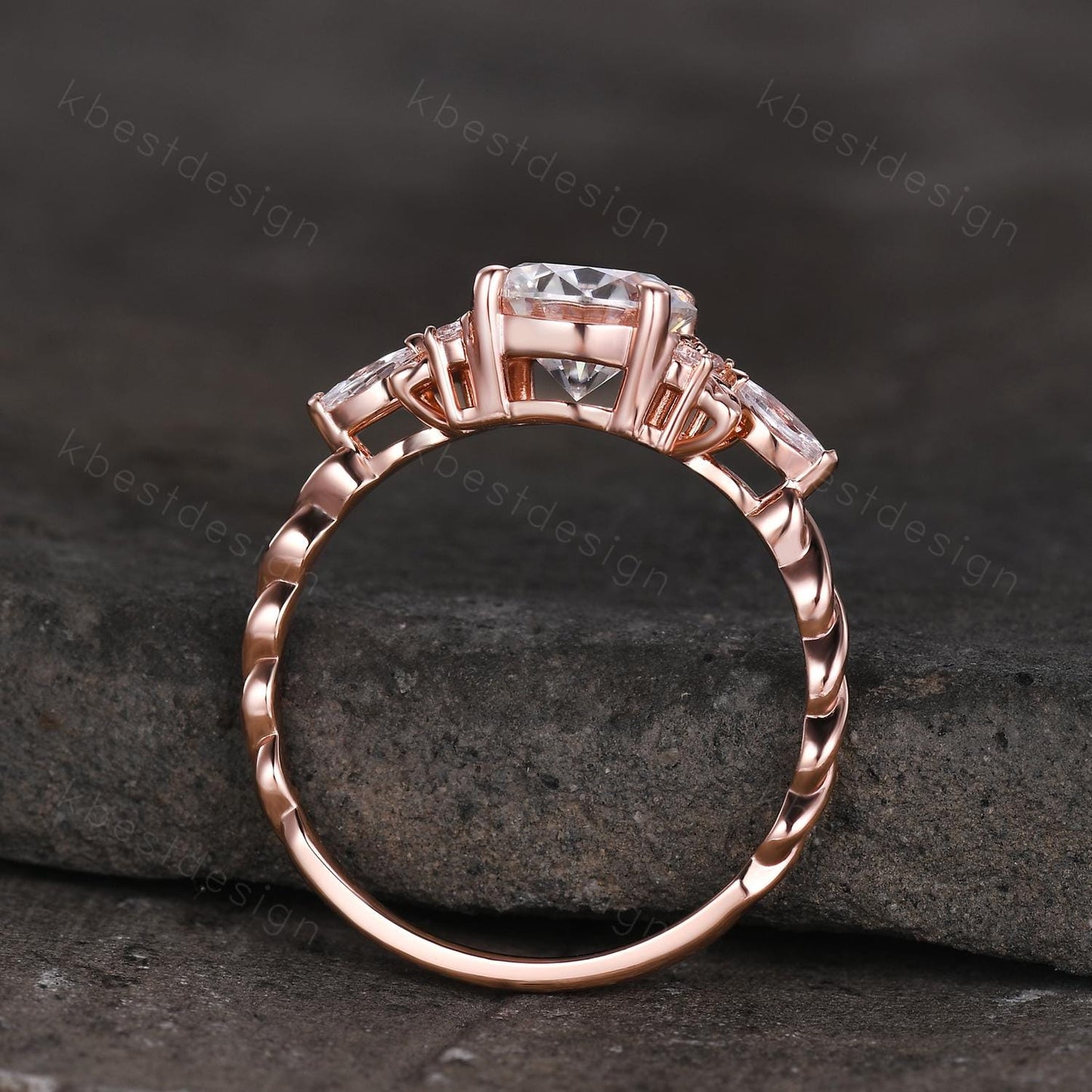 Vintage round Moissanite engagement ring nature inspired ring rose gold branch leaf ring Unique twisted band Bridal Promise ring