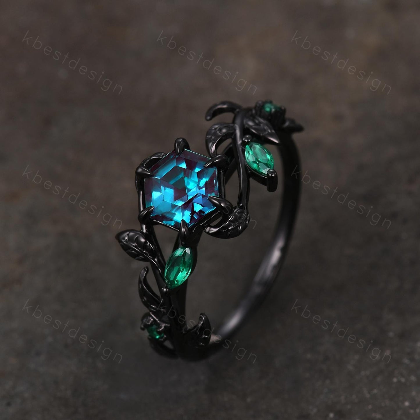 Vintage hexagon cut alexandrite engagement ring gothic black gold art deco emerald leaf ring nature inspired bridal promise ring for her