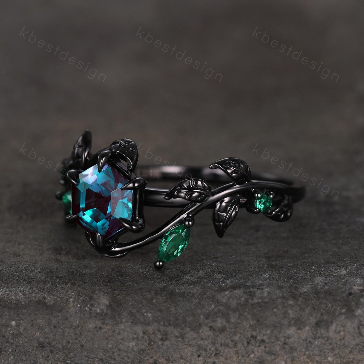 Vintage hexagon cut alexandrite engagement ring gothic black gold art deco emerald leaf ring nature inspired bridal promise ring for her