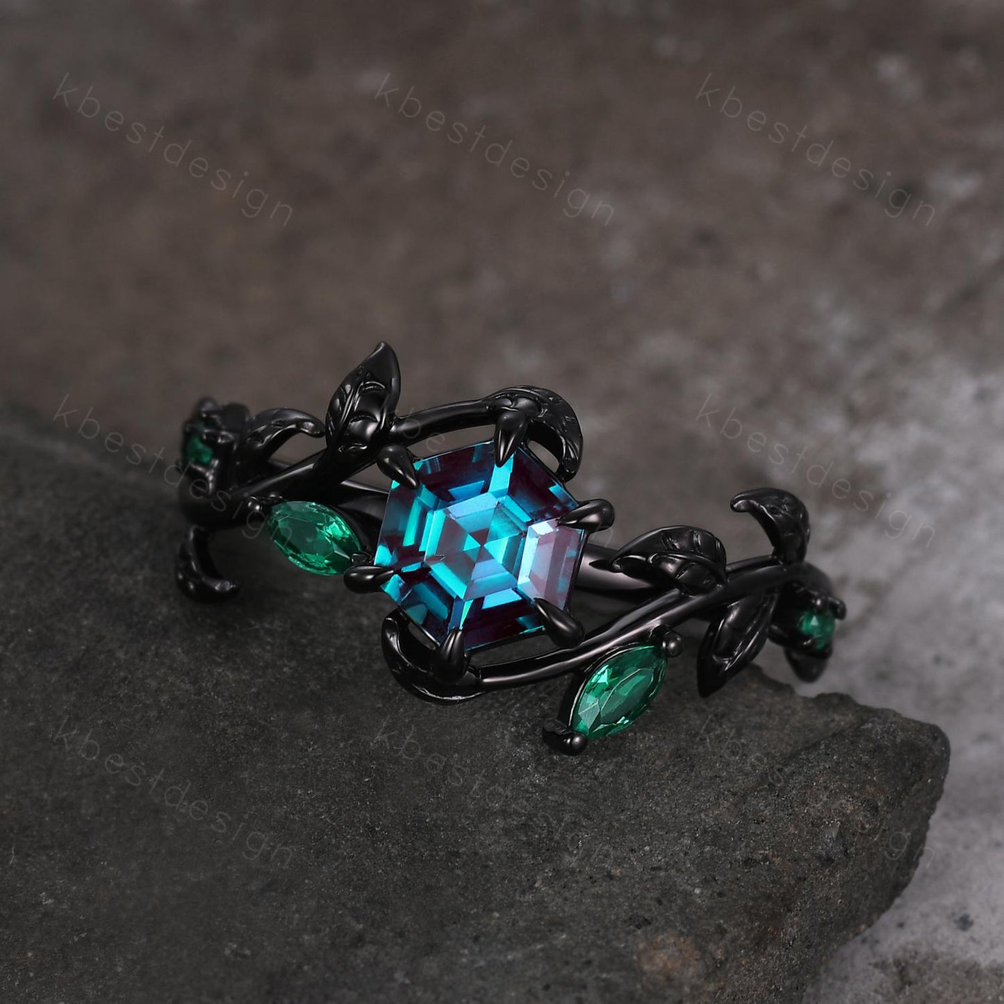Vintage hexagon cut alexandrite engagement ring gothic black gold art deco emerald leaf ring nature inspired bridal promise ring for her