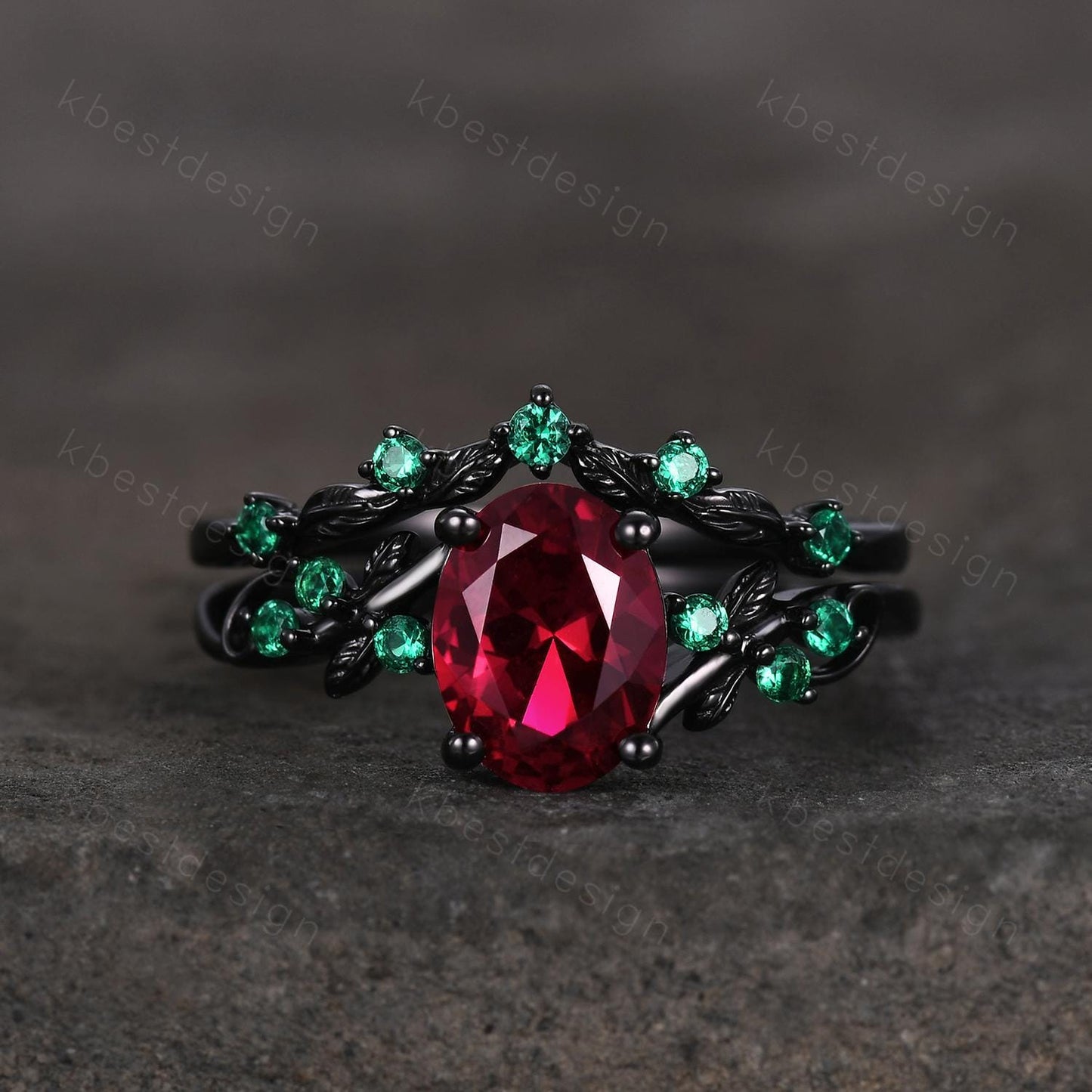 Vintage oval ruby engagement ring set black gold twig leaf emerald ring nature branch ring unique art deco bridal wedding ring set July ring