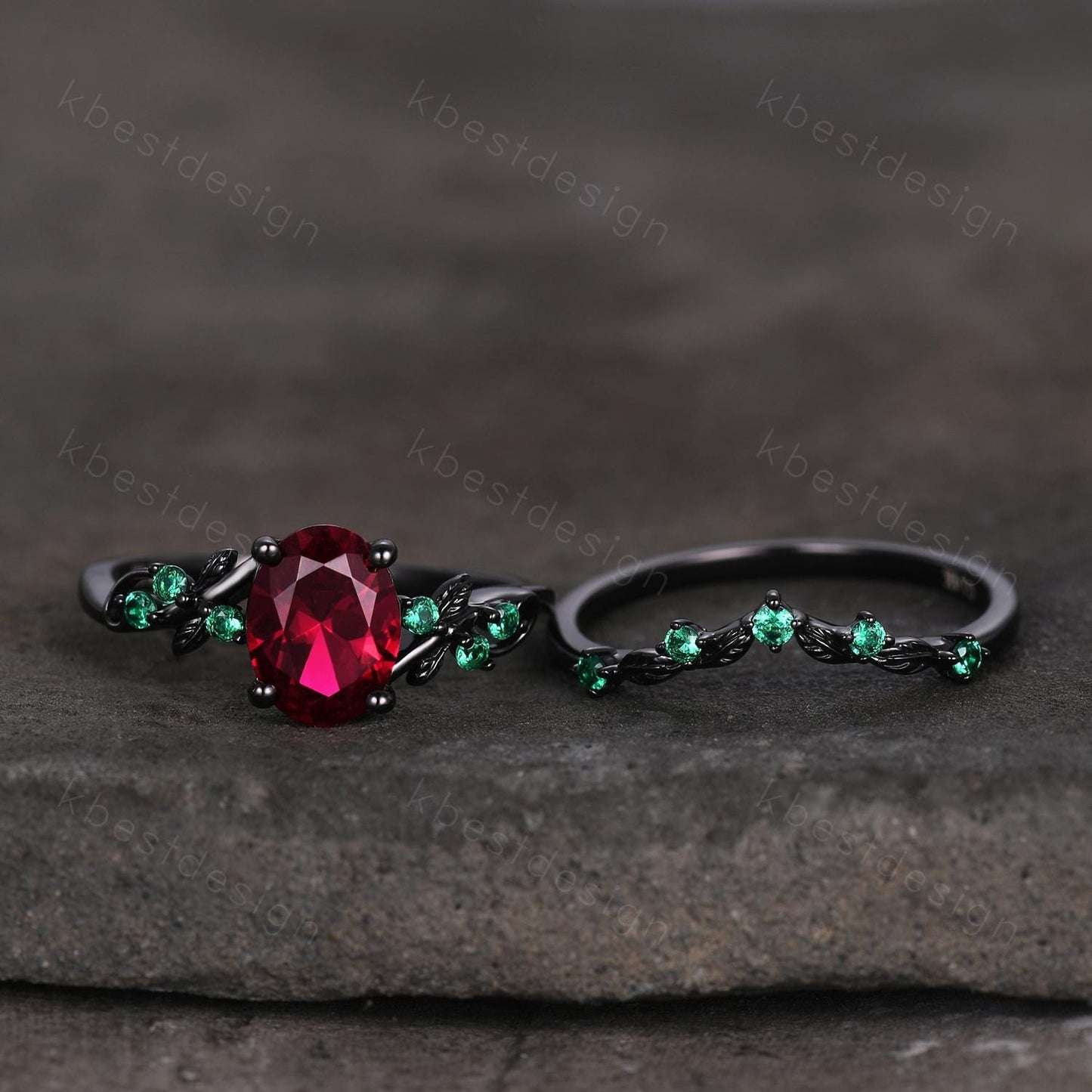 Vintage oval ruby engagement ring set black gold twig leaf emerald ring nature branch ring unique art deco bridal wedding ring set July ring