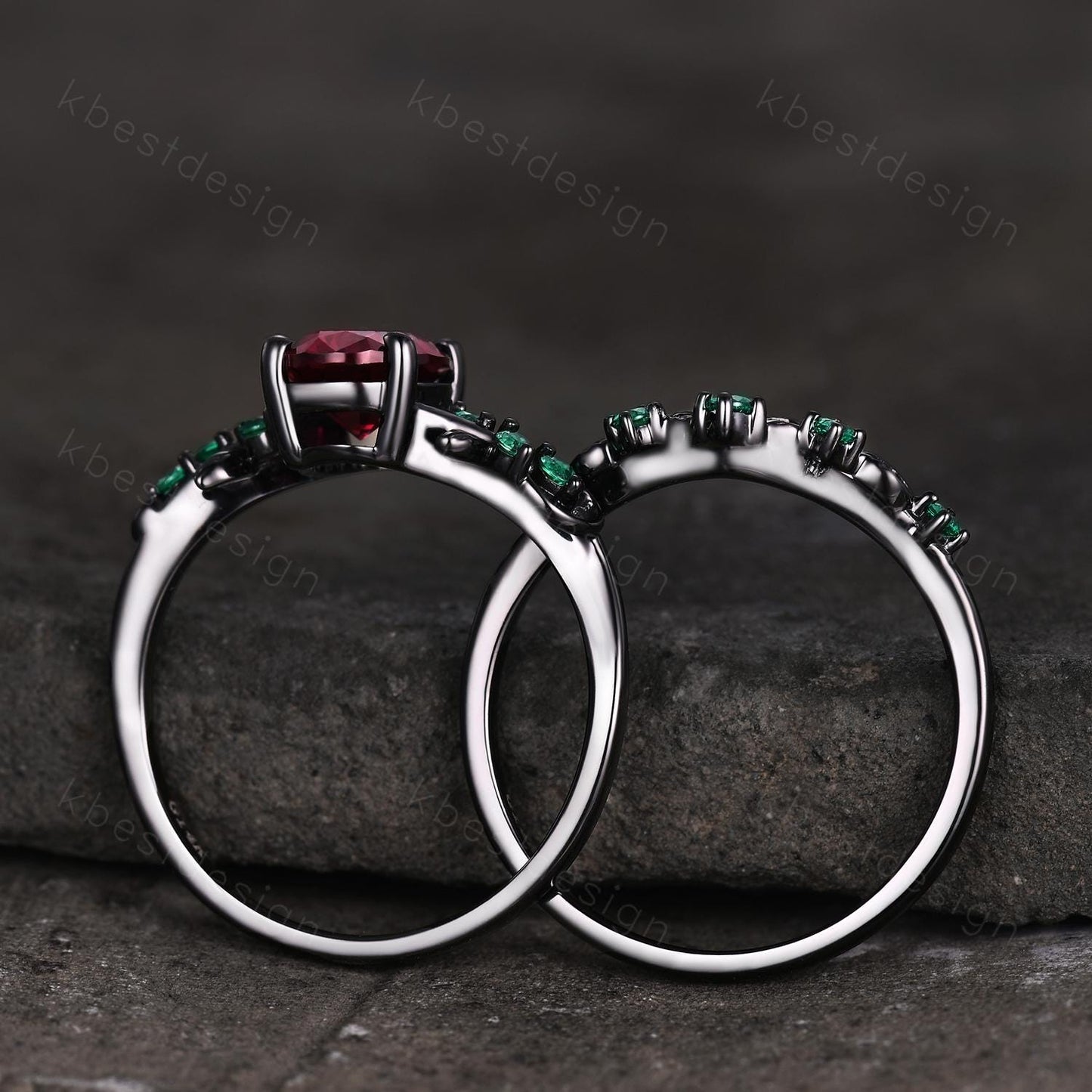 Vintage oval ruby engagement ring set black gold twig leaf emerald ring nature branch ring unique art deco bridal wedding ring set July ring