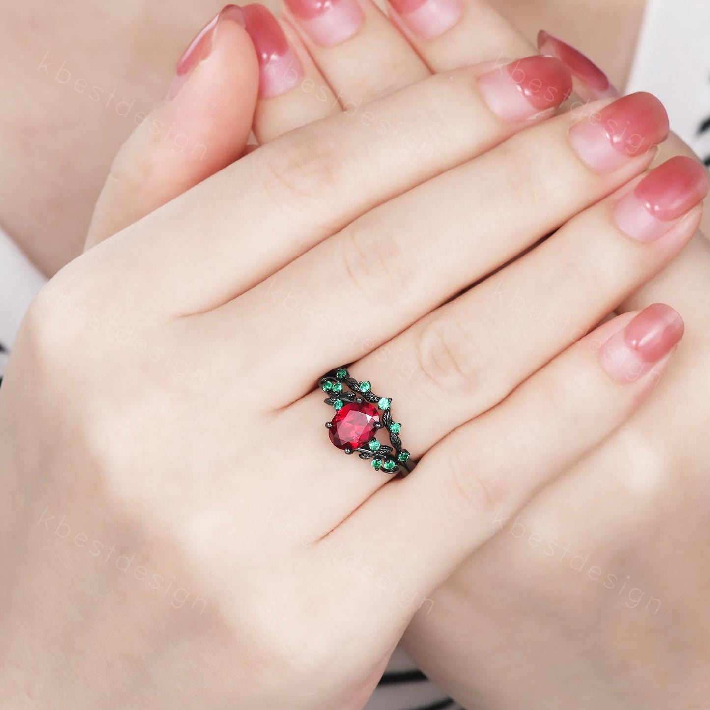 Vintage oval ruby engagement ring set black gold twig leaf emerald ring nature branch ring unique art deco bridal wedding ring set July ring