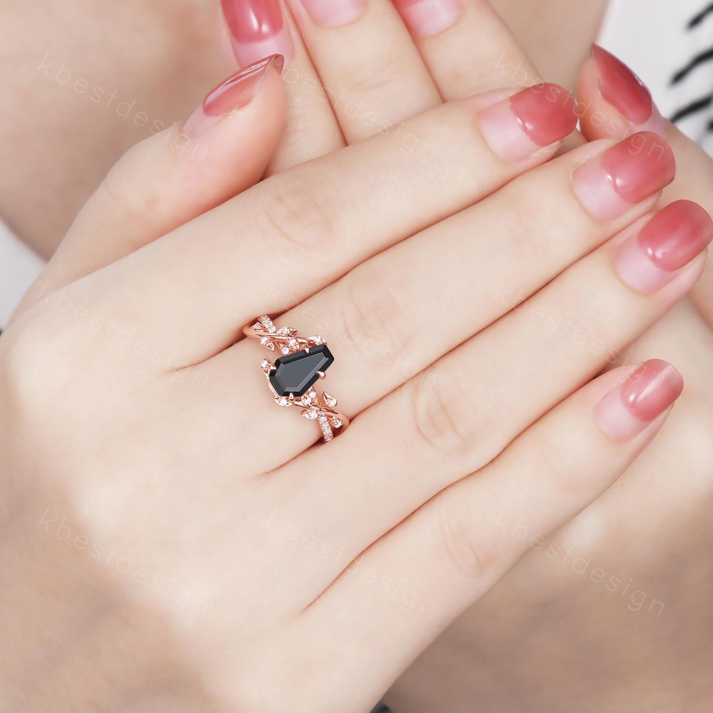 Coffin cut black onyx engagement ring Rose gold ring Art deco twig leaf moissanite wedding ring nature inspired ring bridal promise ring
