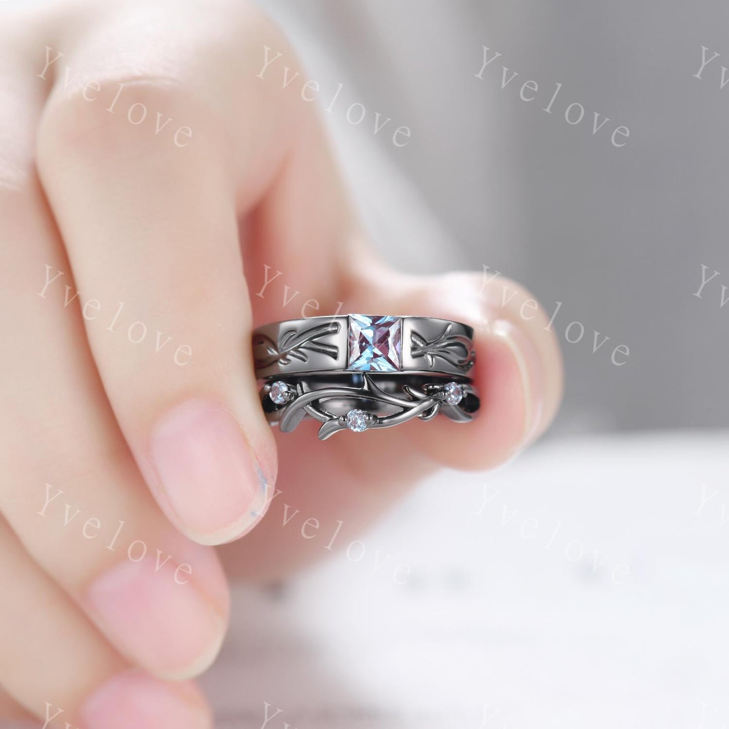 Couples ring set Alexandrdite ring twig ring for men and women His and Hers wedding band Black Stacking Matching Band Retro Vintage Gift