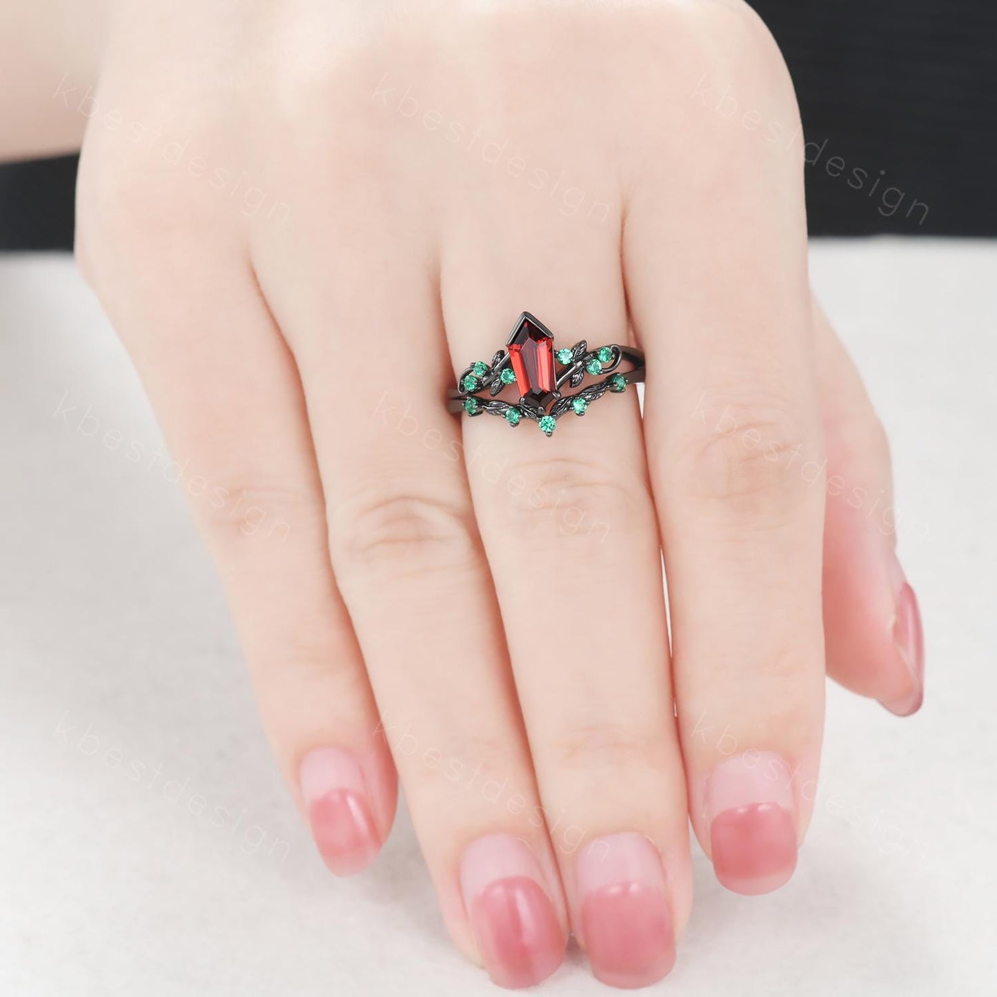 Vintage garnet engagement ring set black gold twig leaf emerald ring shield cut ring for women unique art deco bridal wedding ring set