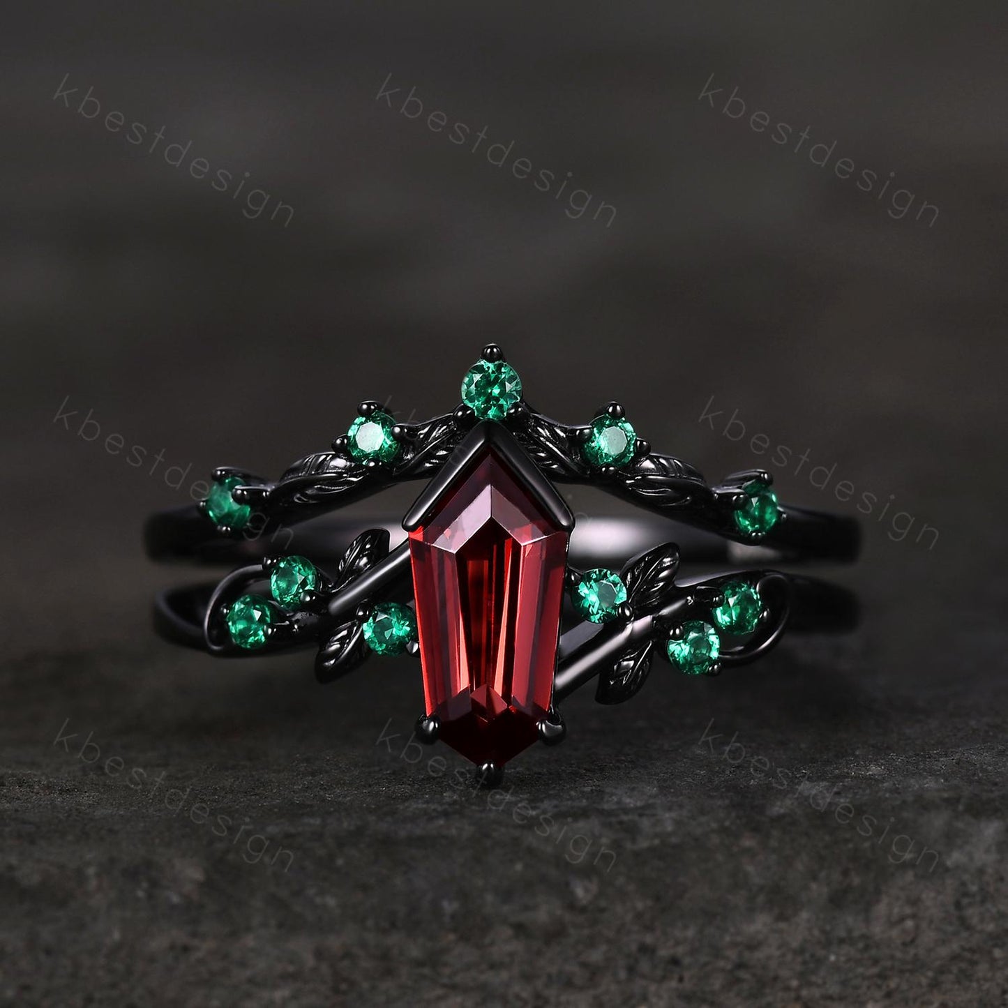 Vintage garnet engagement ring set black gold twig leaf emerald ring shield cut ring for women unique art deco bridal wedding ring set