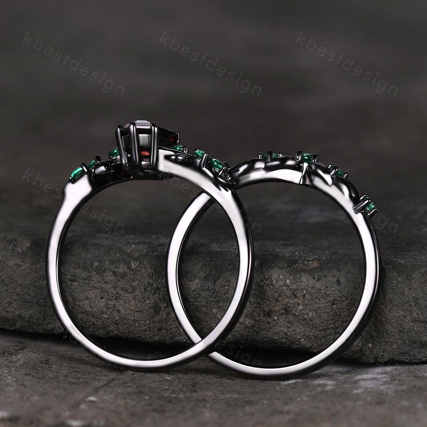 Vintage garnet engagement ring set black gold twig leaf emerald ring shield cut ring for women unique art deco bridal wedding ring set